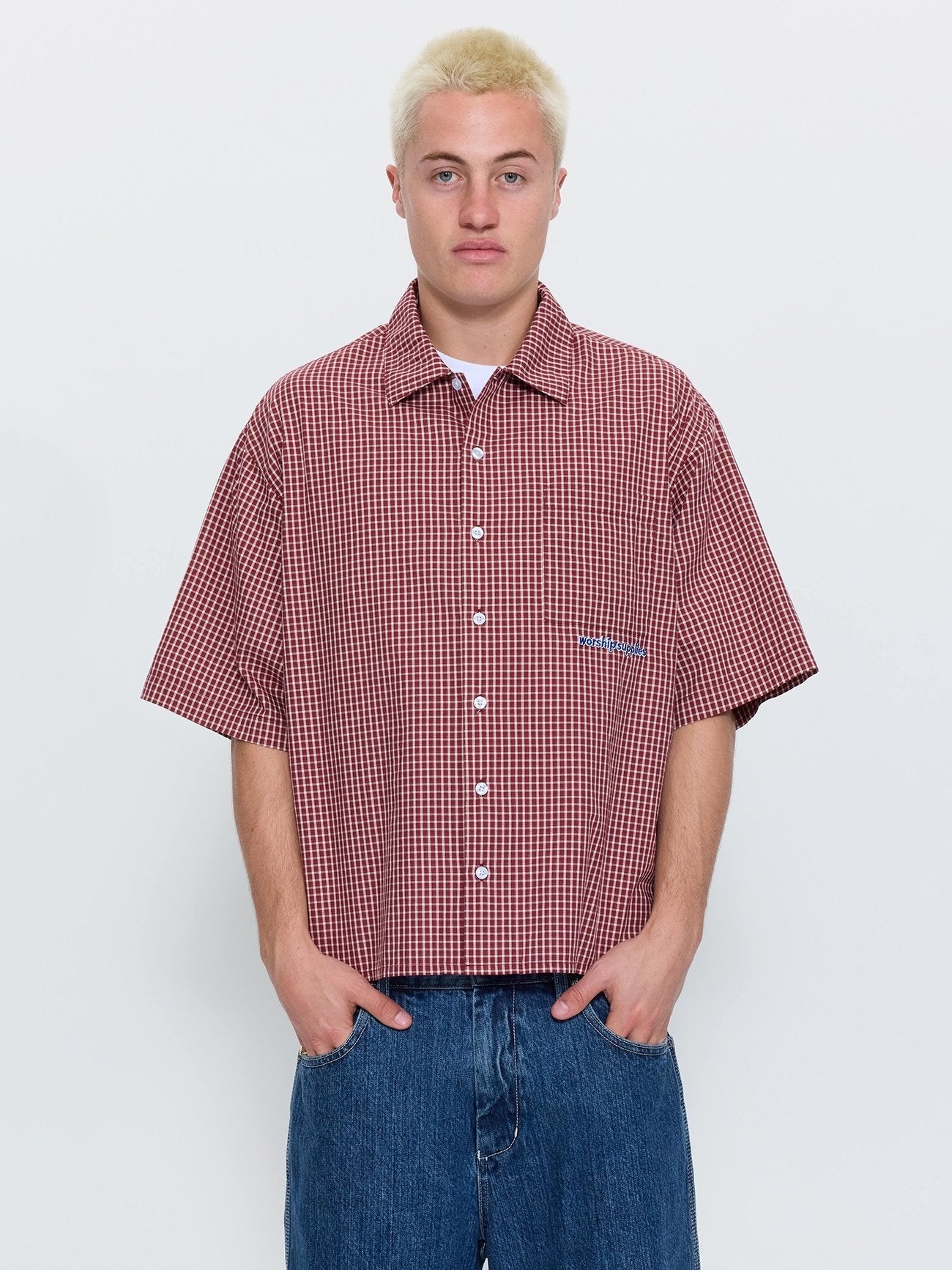 Clouded Box Crop Short Sleeve Shirt - Red