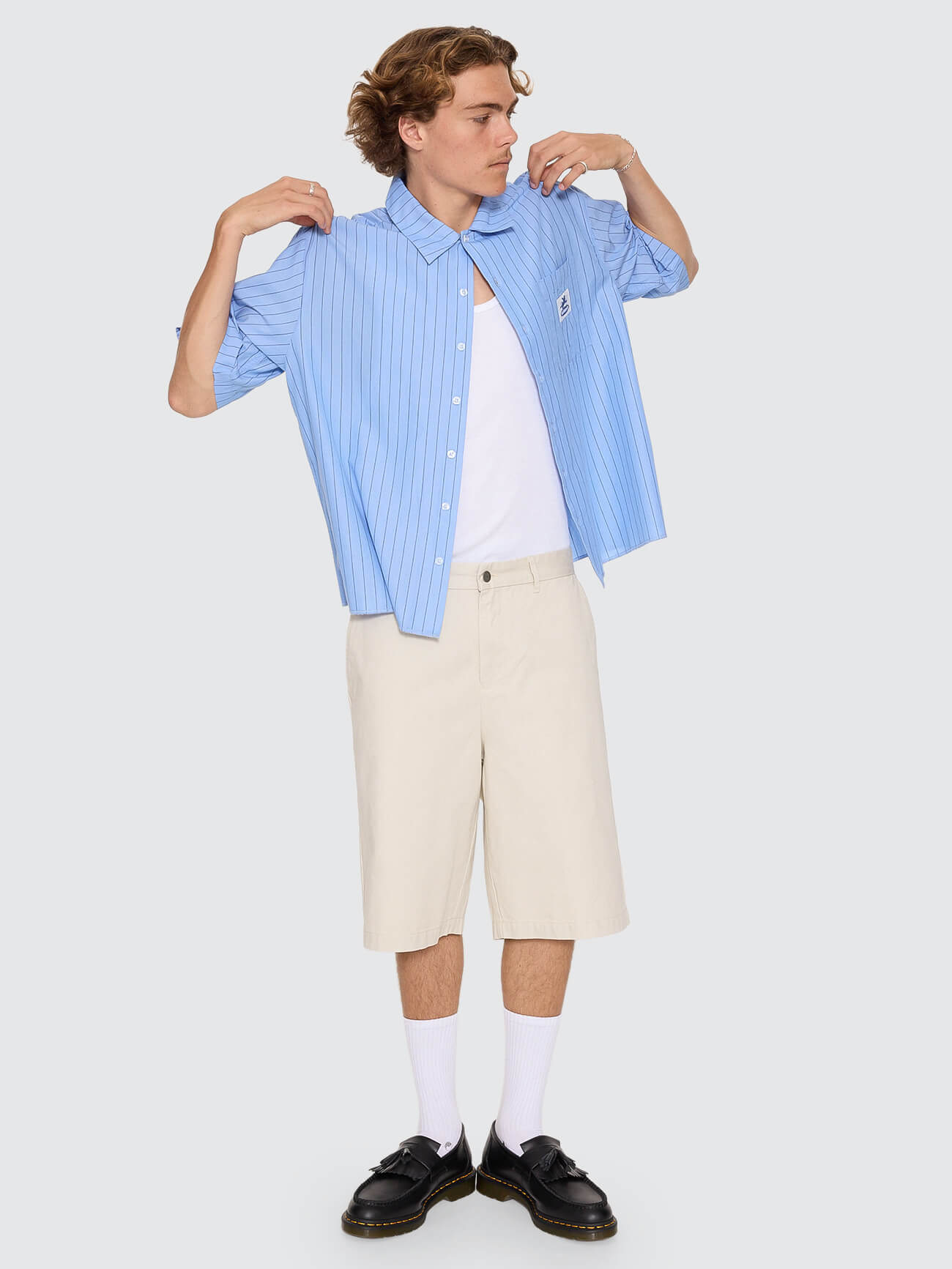 Shadow Cherub Box Crop Short Sleeve Shirt - Dream Blue Stripe XS