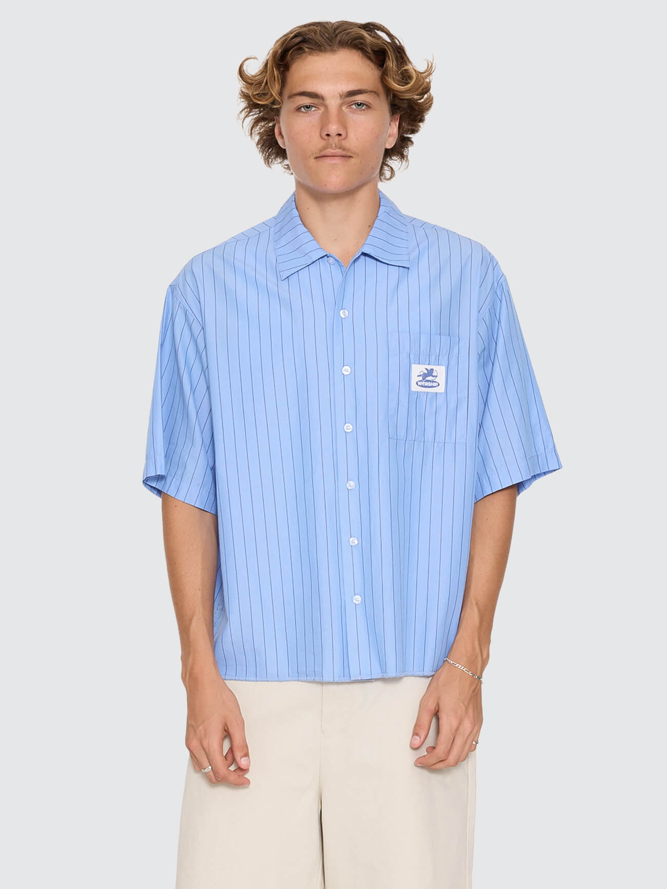 Shadow Cherub Box Crop Short Sleeve Shirt - Dream Blue Stripe XS