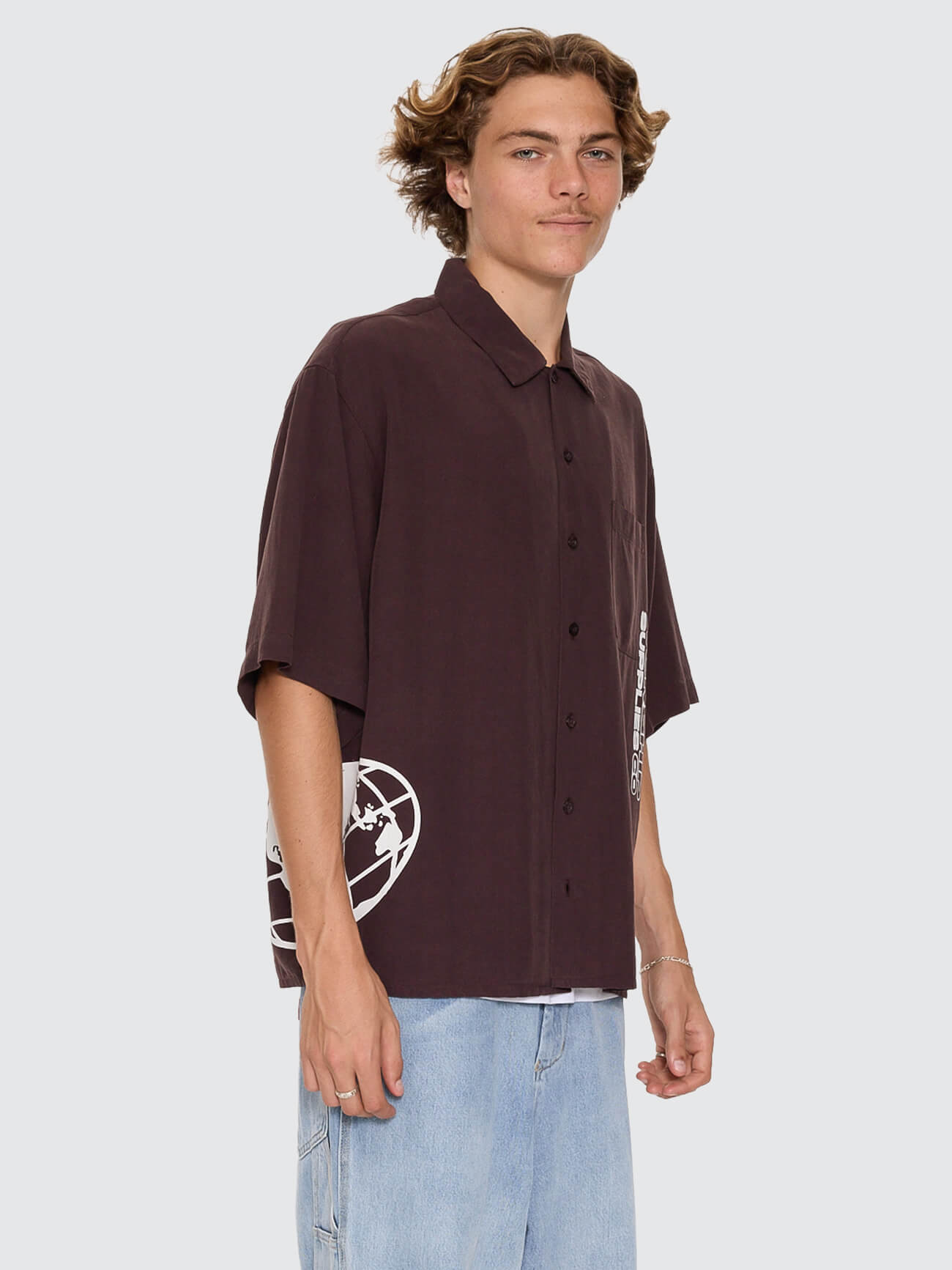 Hemisphere Box Crop Short Sleeve Shirt - Black Coffee XS