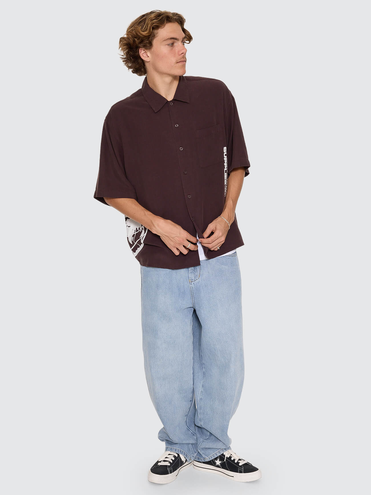 Hemisphere Box Crop Short Sleeve Shirt - Black Coffee XS