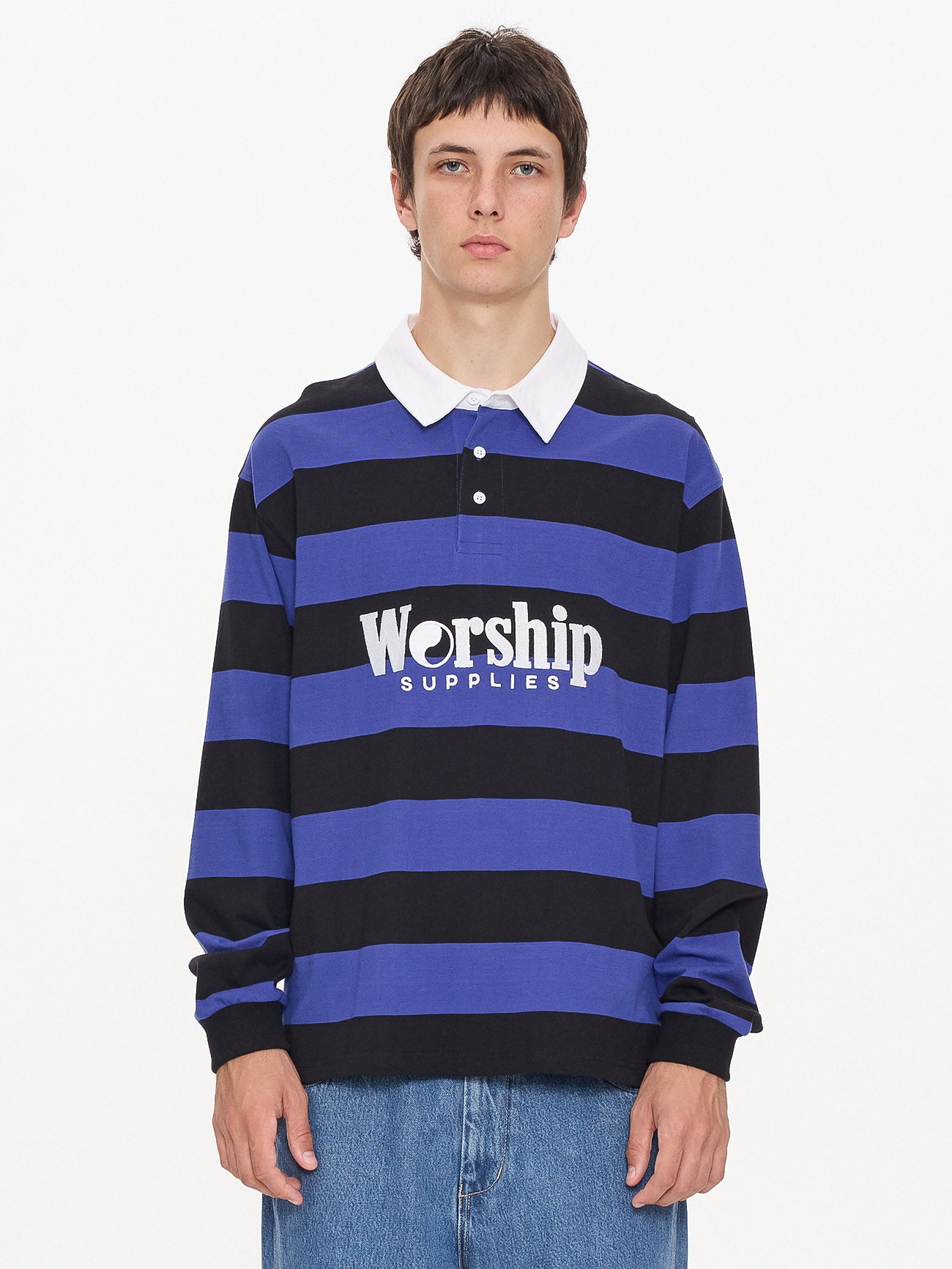 Smoko Long Sleeve Rugby Polo - Black - Cobalt