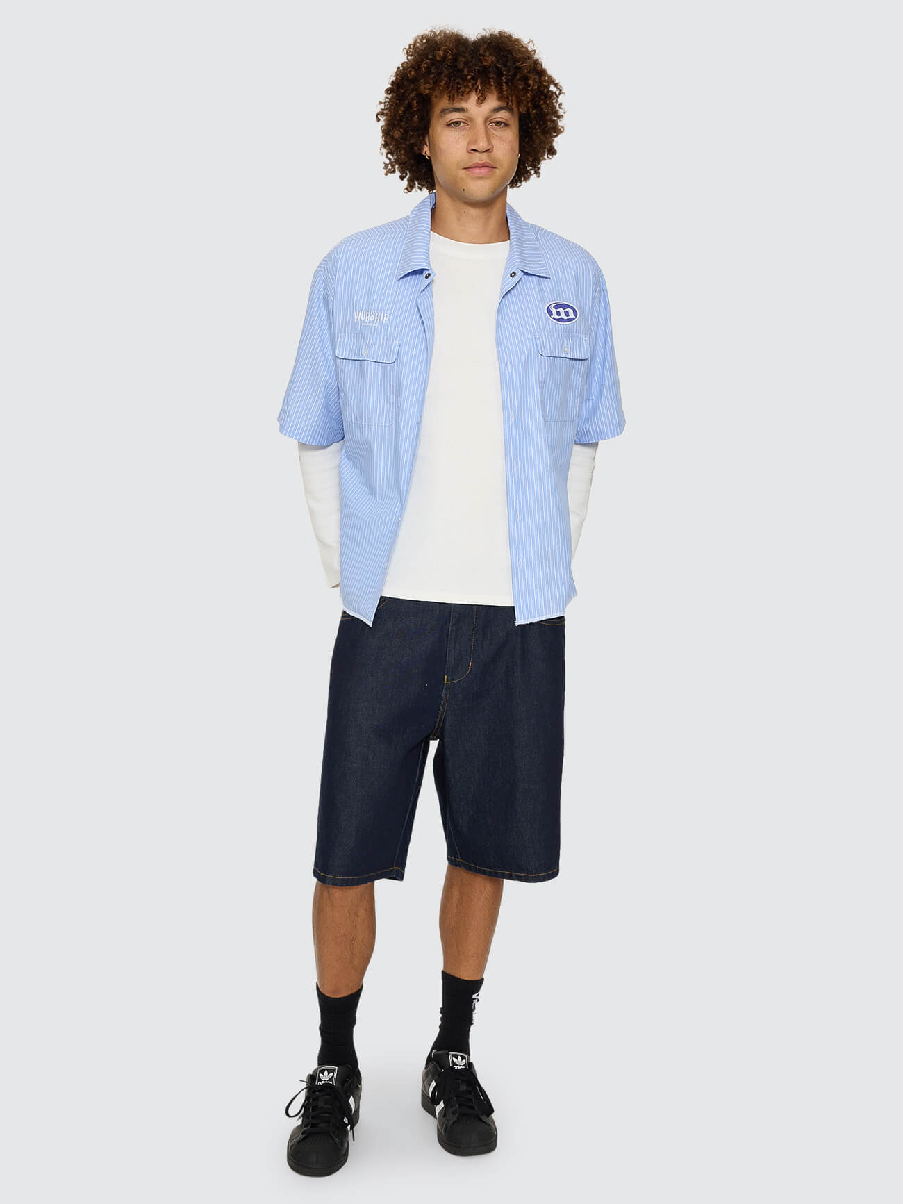 Morality Box Crop Short Sleeve Work Shirt - Light Blue XS