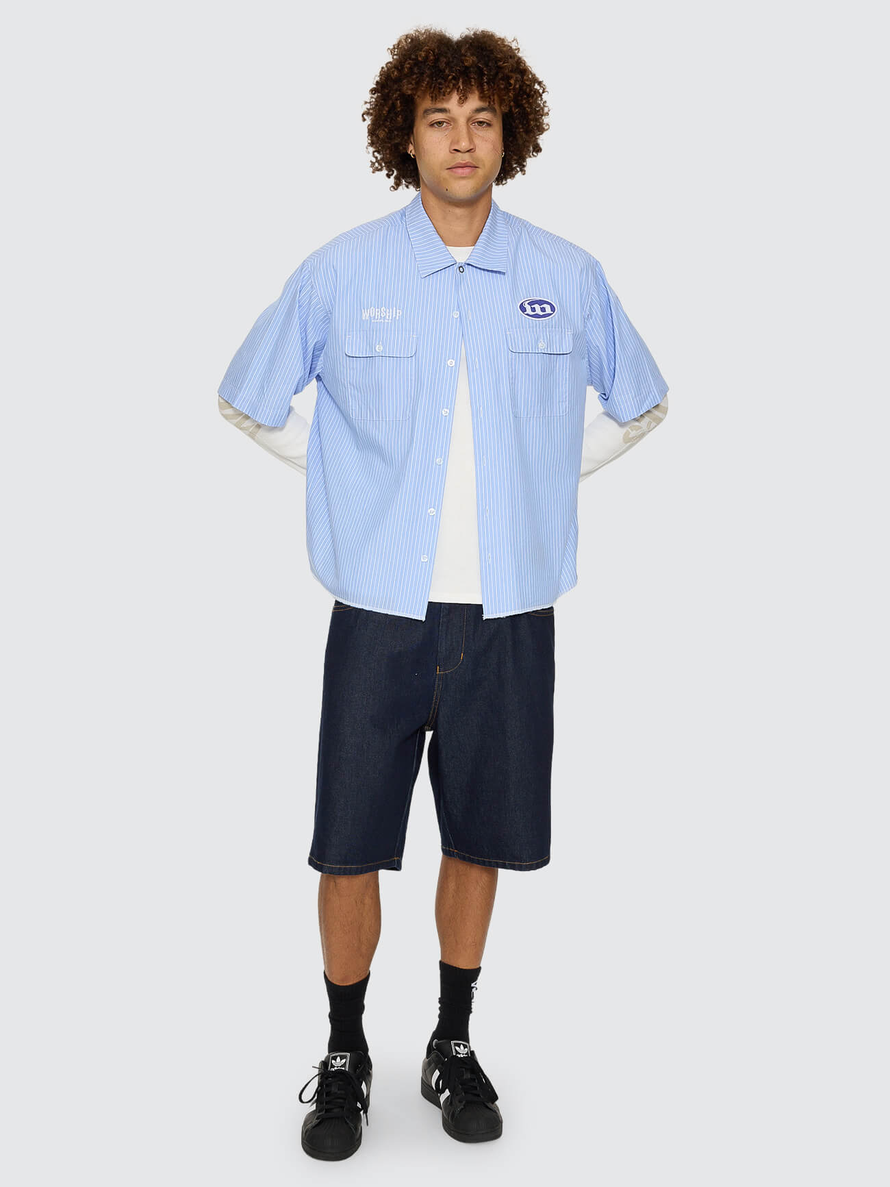 Morality Box Crop Short Sleeve Work Shirt - Light Blue XS