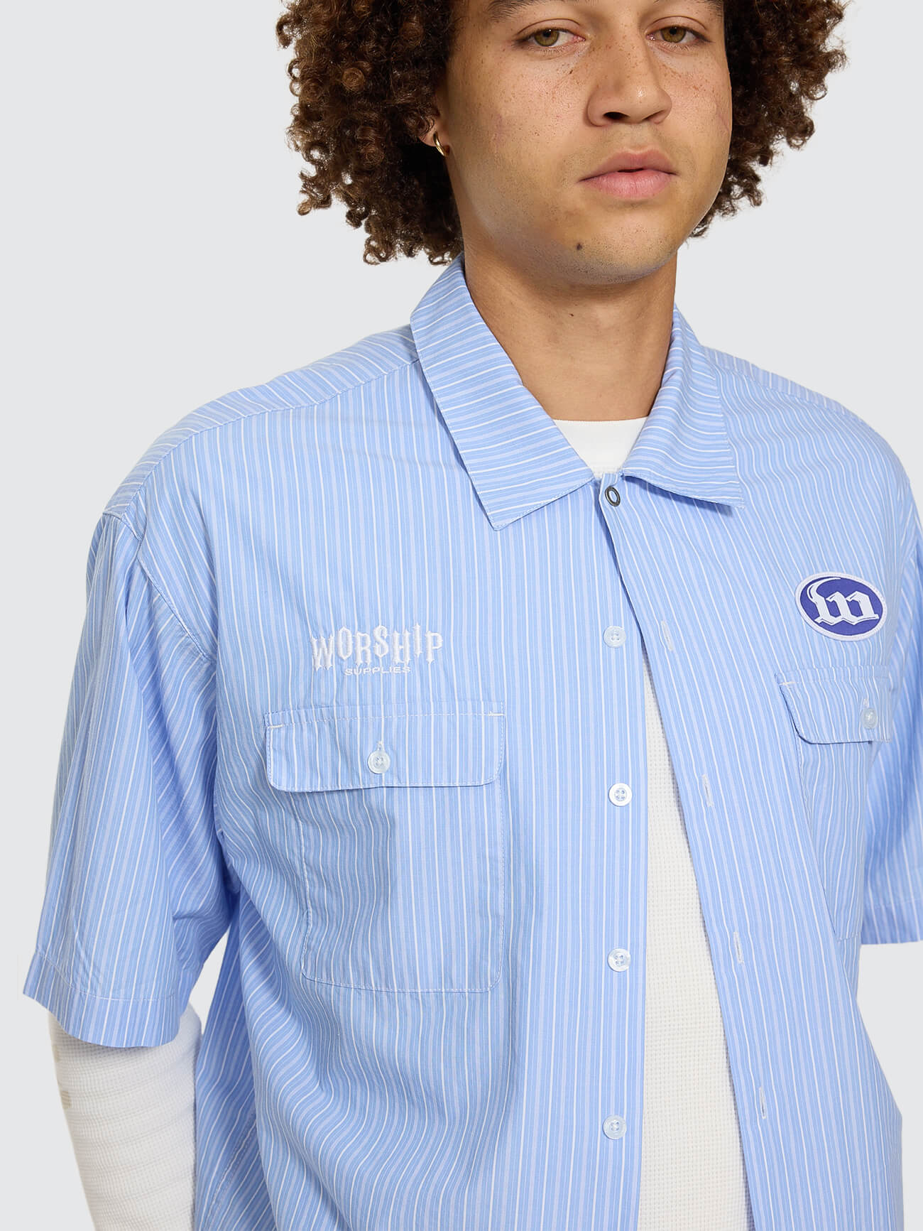 Morality Box Crop Short Sleeve Work Shirt - Light Blue XS