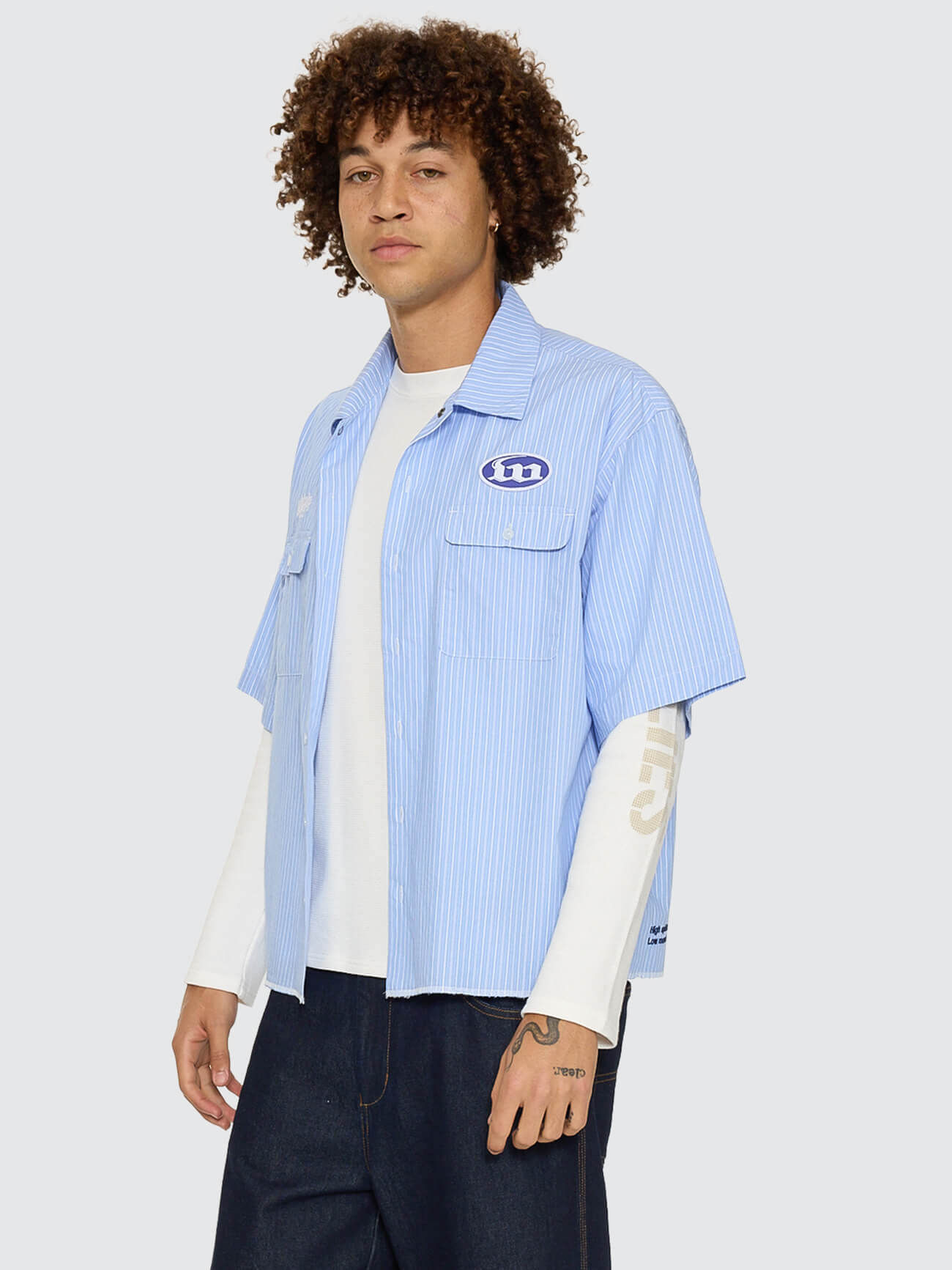 Morality Box Crop Short Sleeve Work Shirt - Light Blue XS