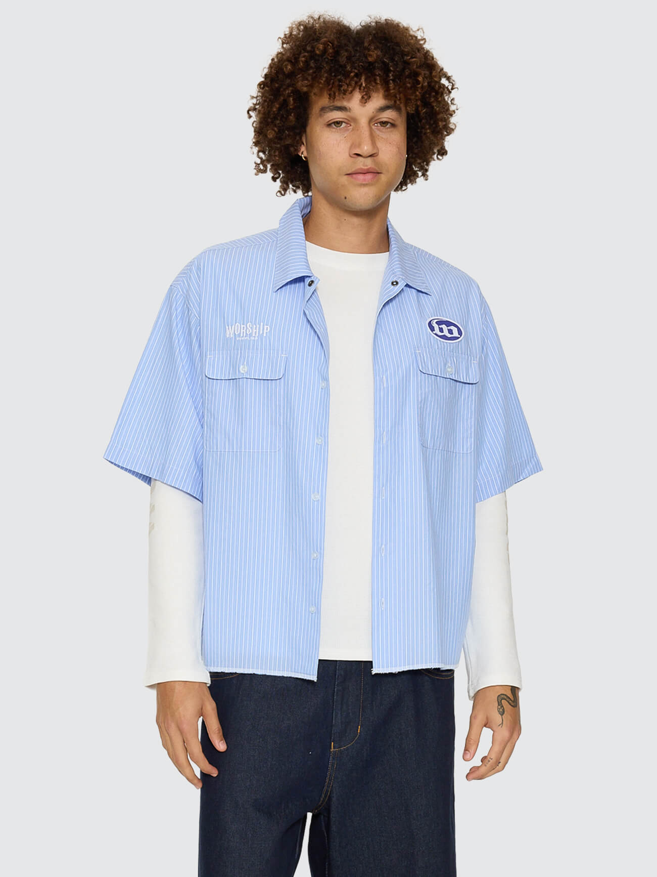 Morality Box Crop Short Sleeve Work Shirt - Light Blue XS
