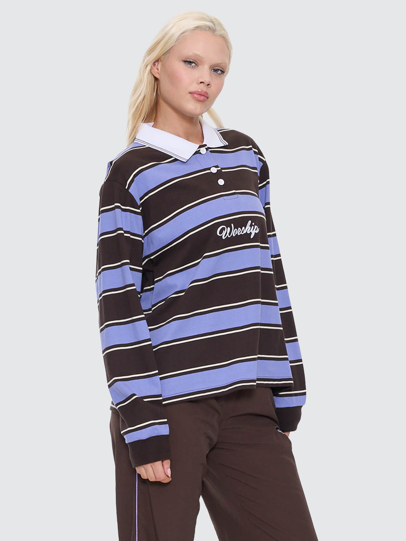 Coed Striped Long Sleeve Polo - Ganache 4