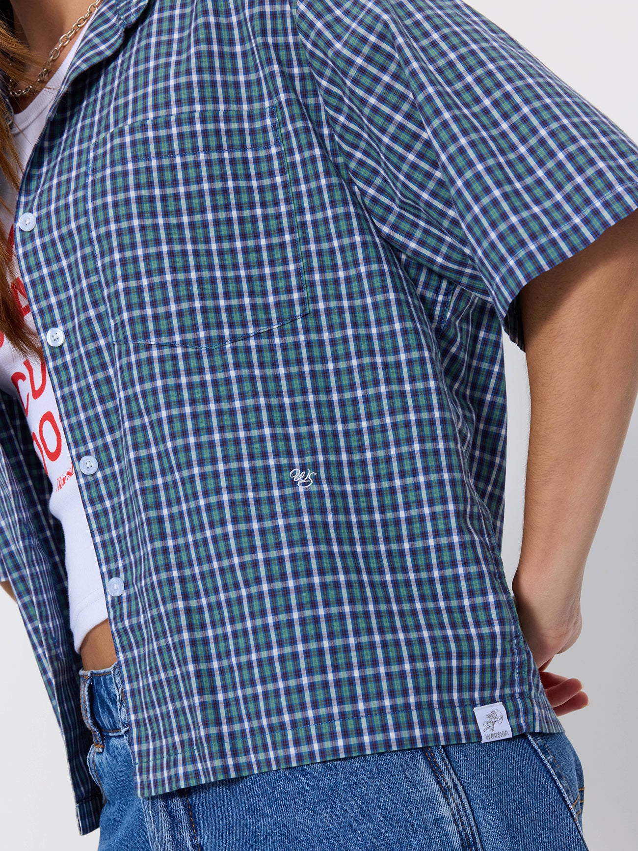 No Show Box Fit Shirt - Blue Green Check