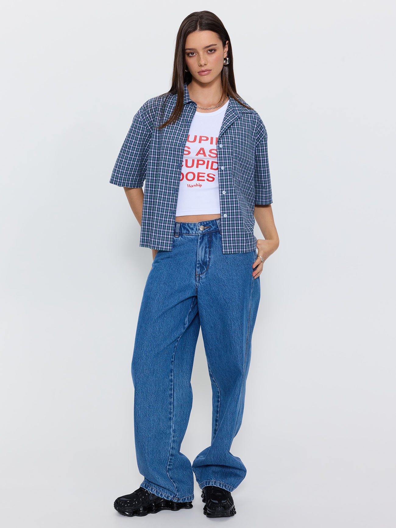 No Show Box Fit Shirt - Blue Green Check