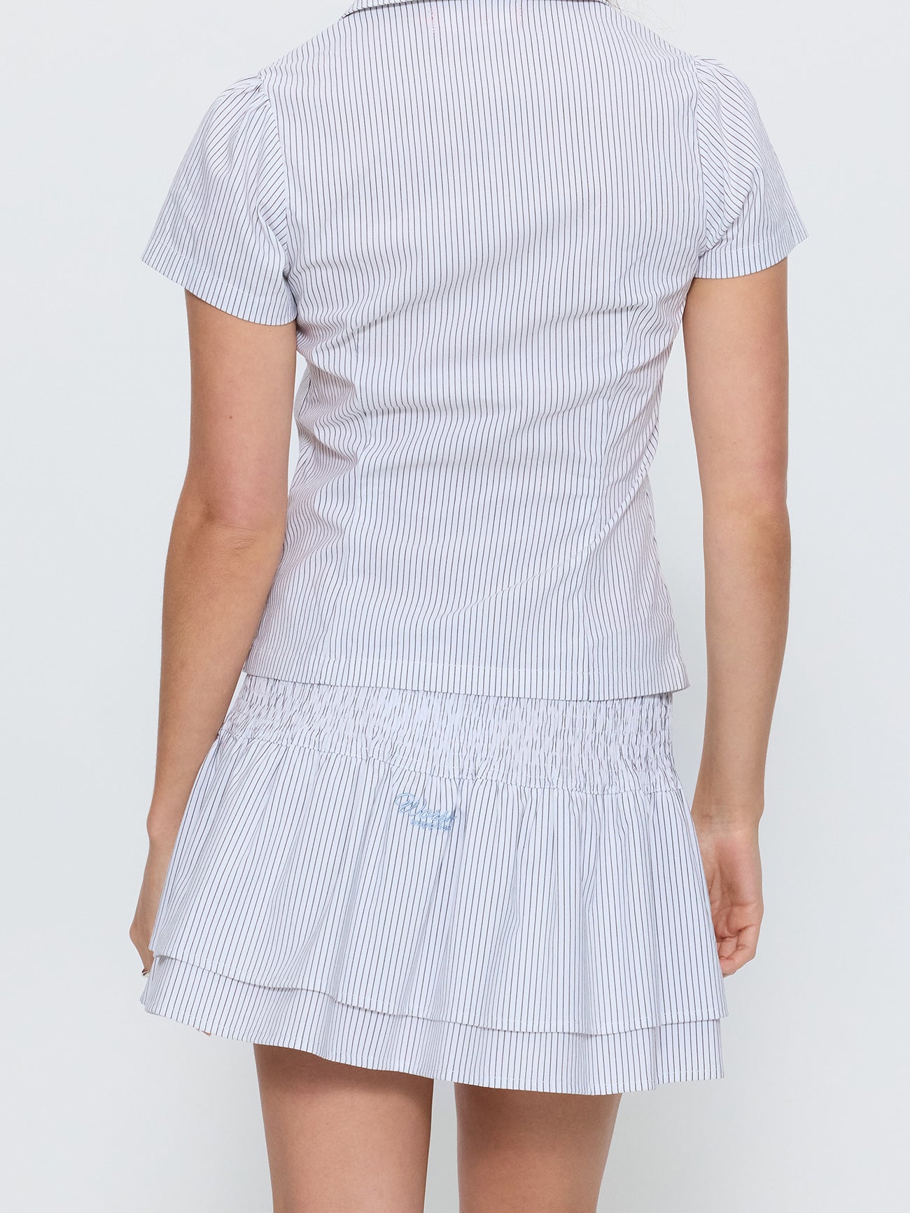 Truant Shirred Mini Skirt - White Pinstripe