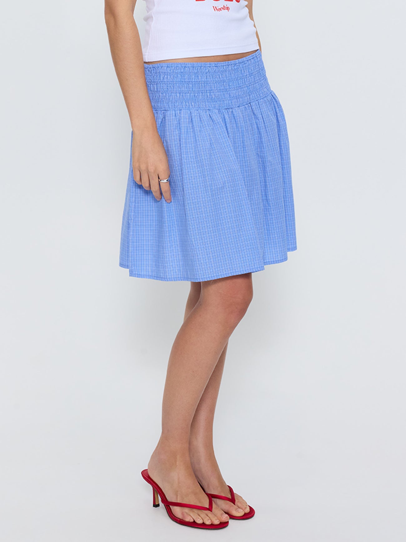 Backchat Shirred Mini Skirt - Blue Check