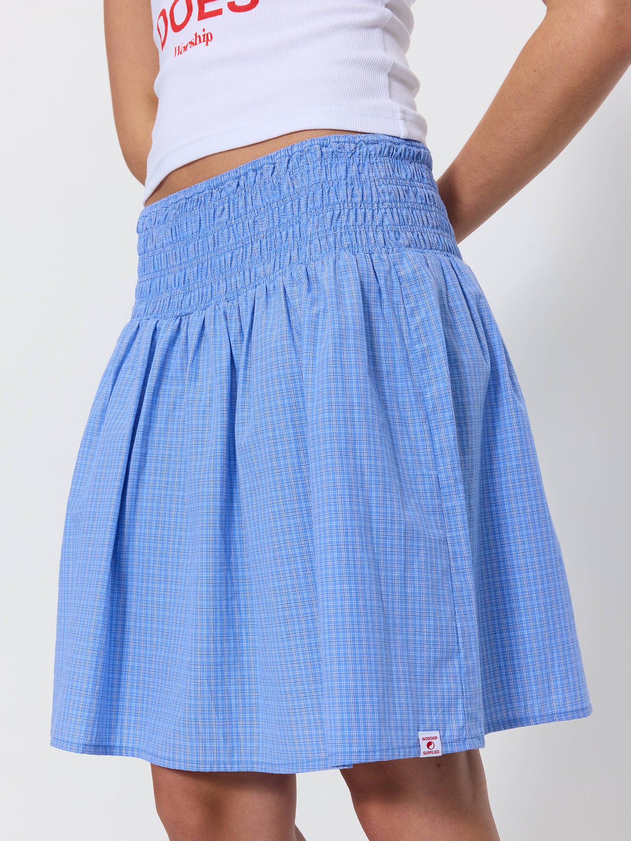 Backchat Shirred Mini Skirt - Blue Check