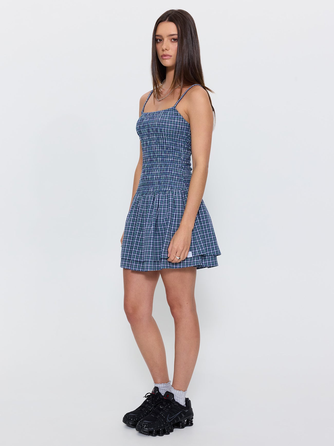 No Show Shirred Mini Dress - Blue Green Check