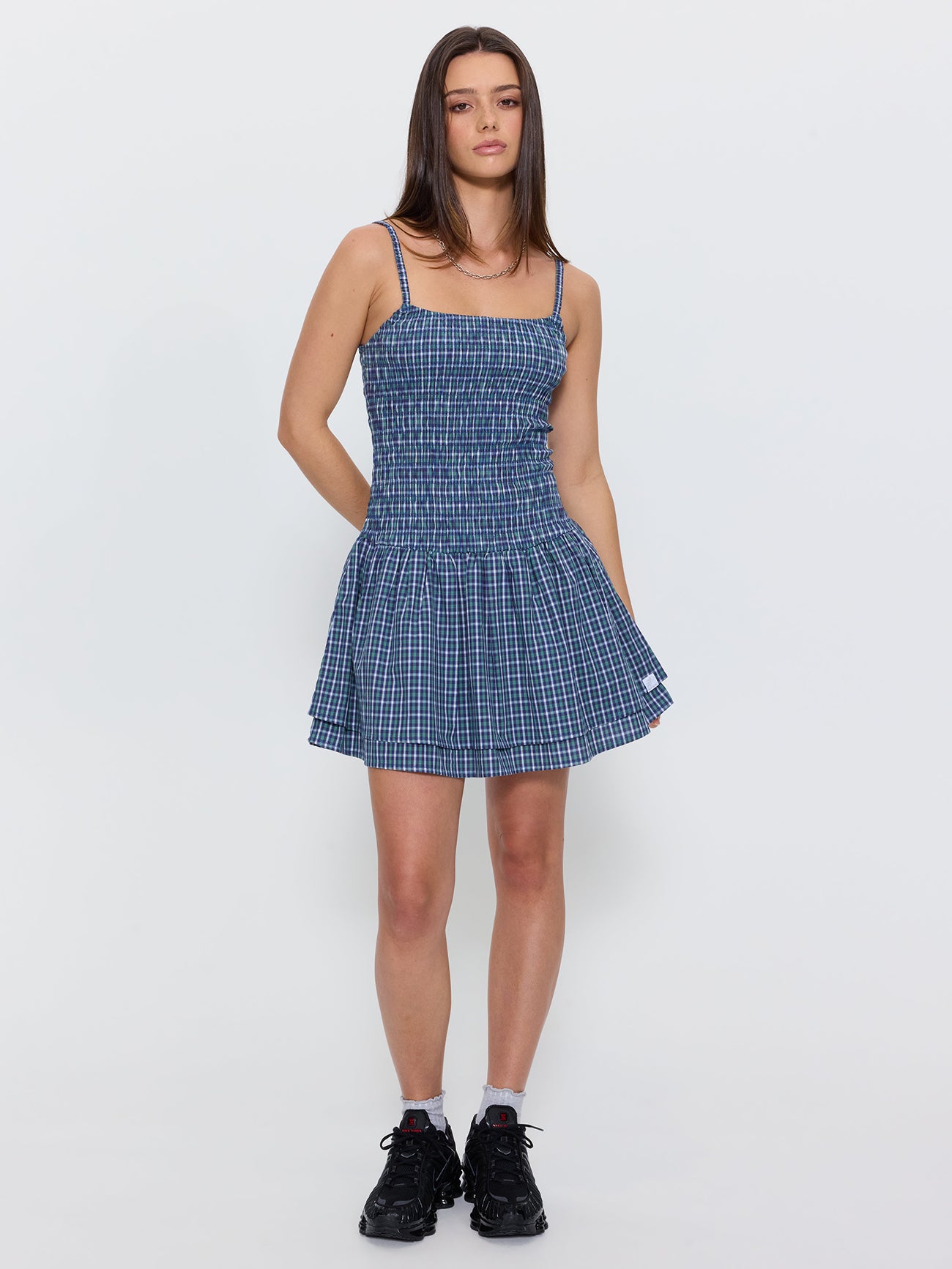 No Show Shirred Mini Dress - Blue Green Check