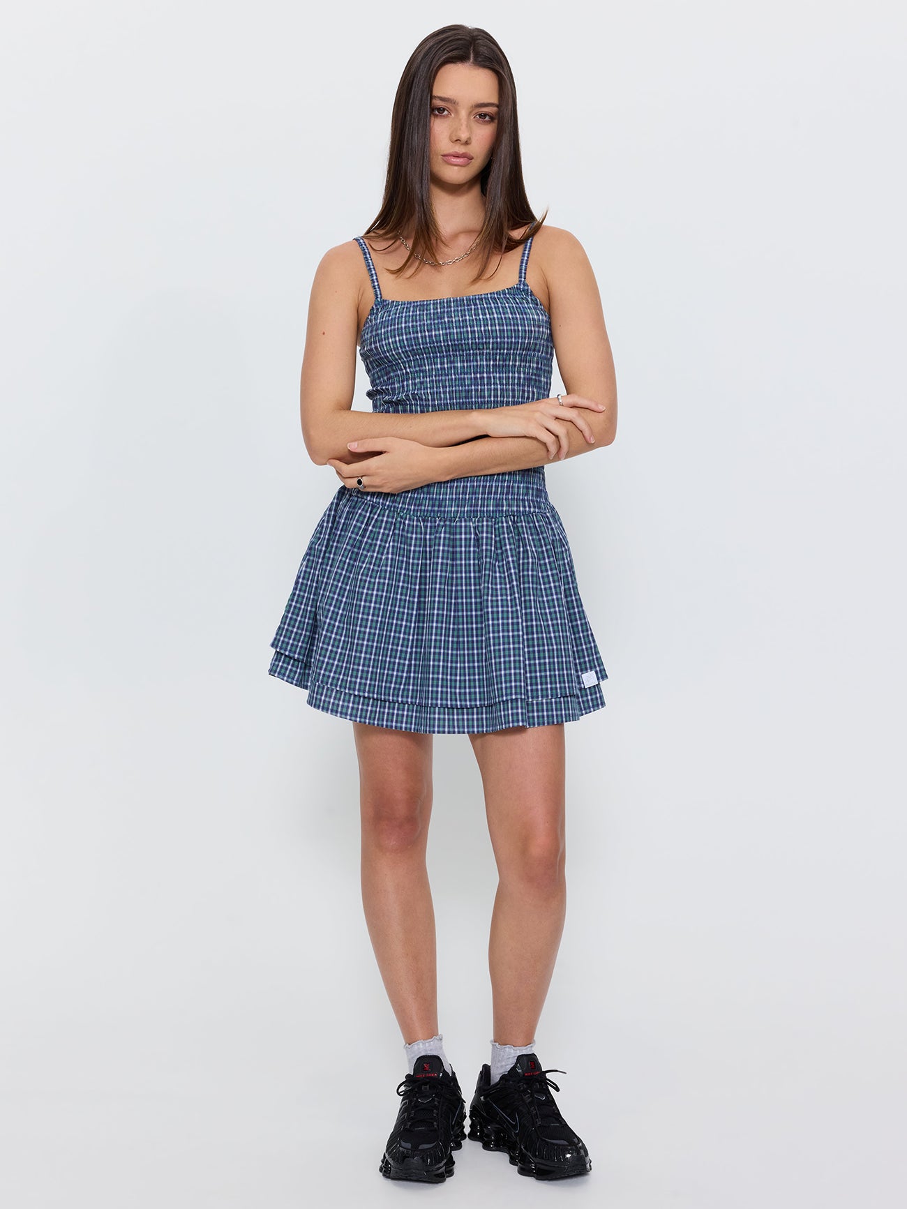 No Show Shirred Mini Dress - Blue Green Check