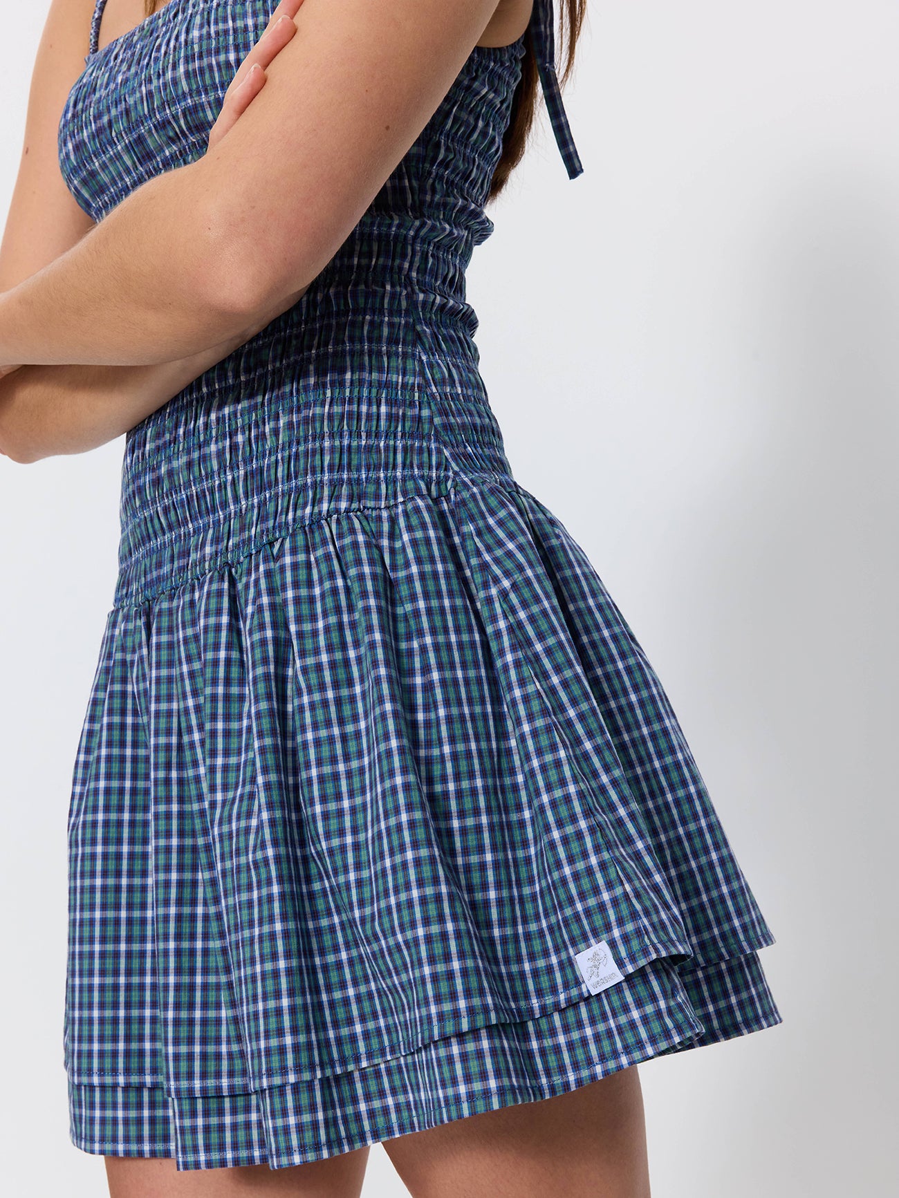 No Show Shirred Mini Dress - Blue Green Check