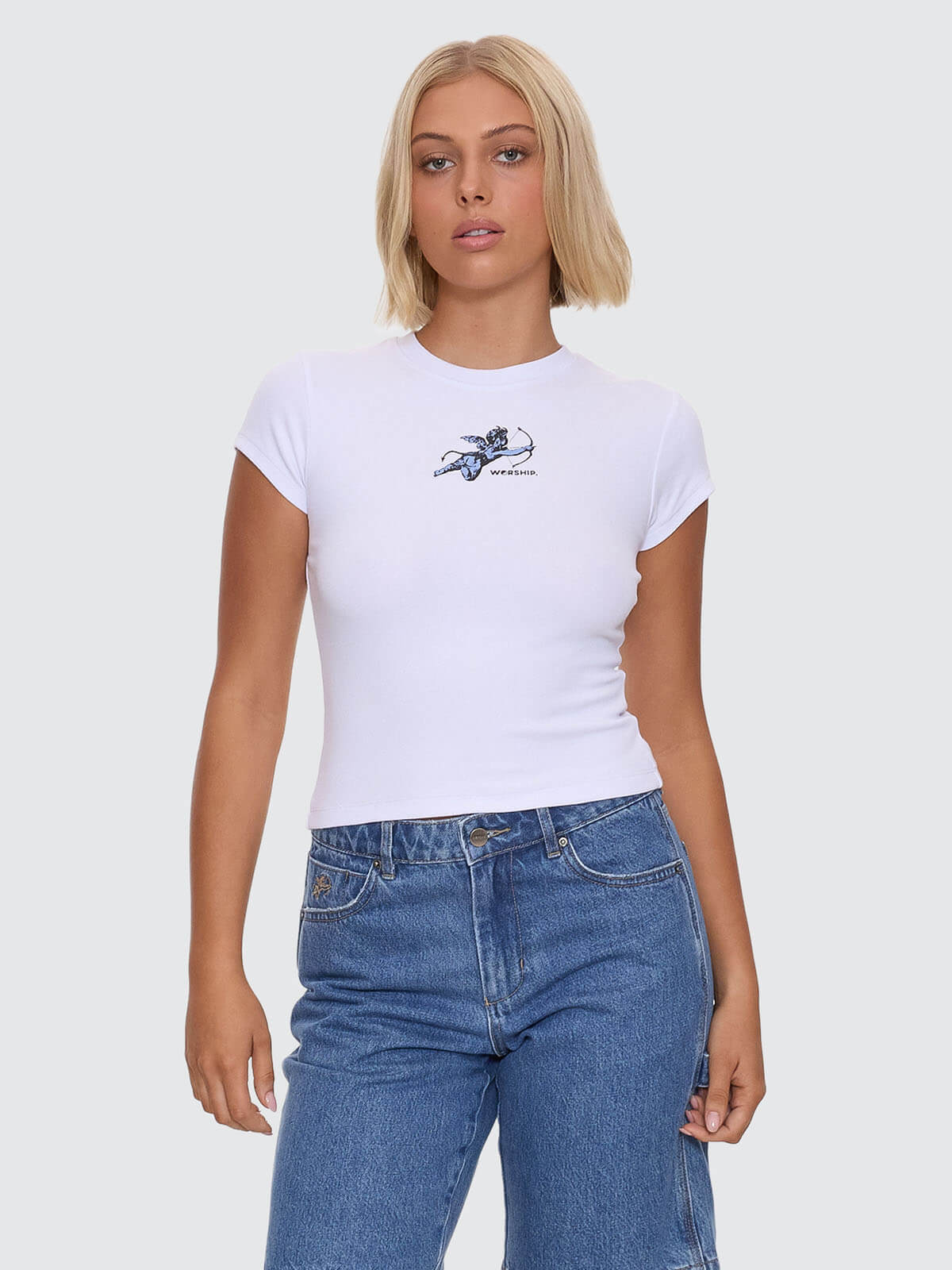 Cherub Cap Sleeve Tee - White - Blue 4