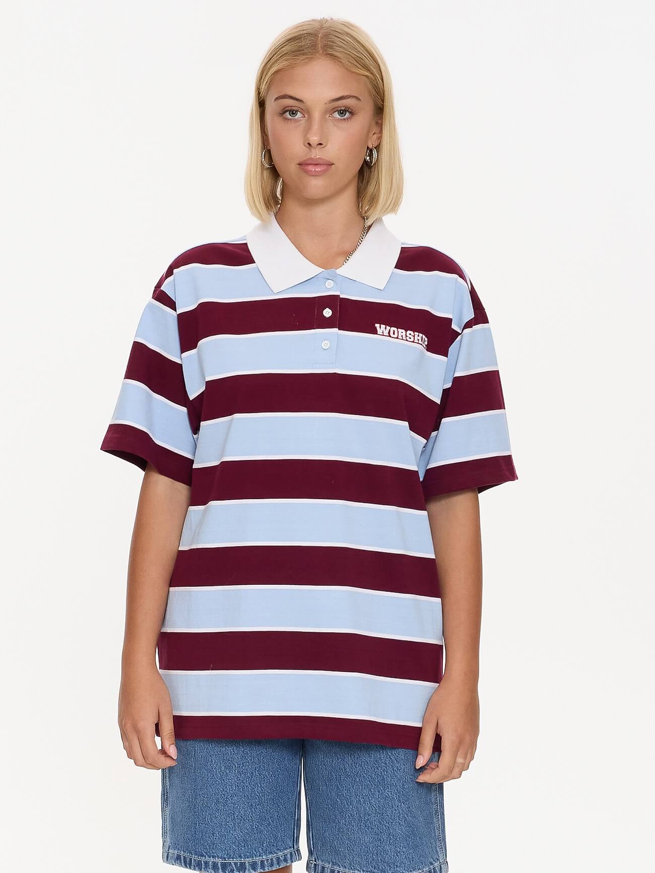 Belter Box Fit Polo - Willow Blue - Deep Cherry 4