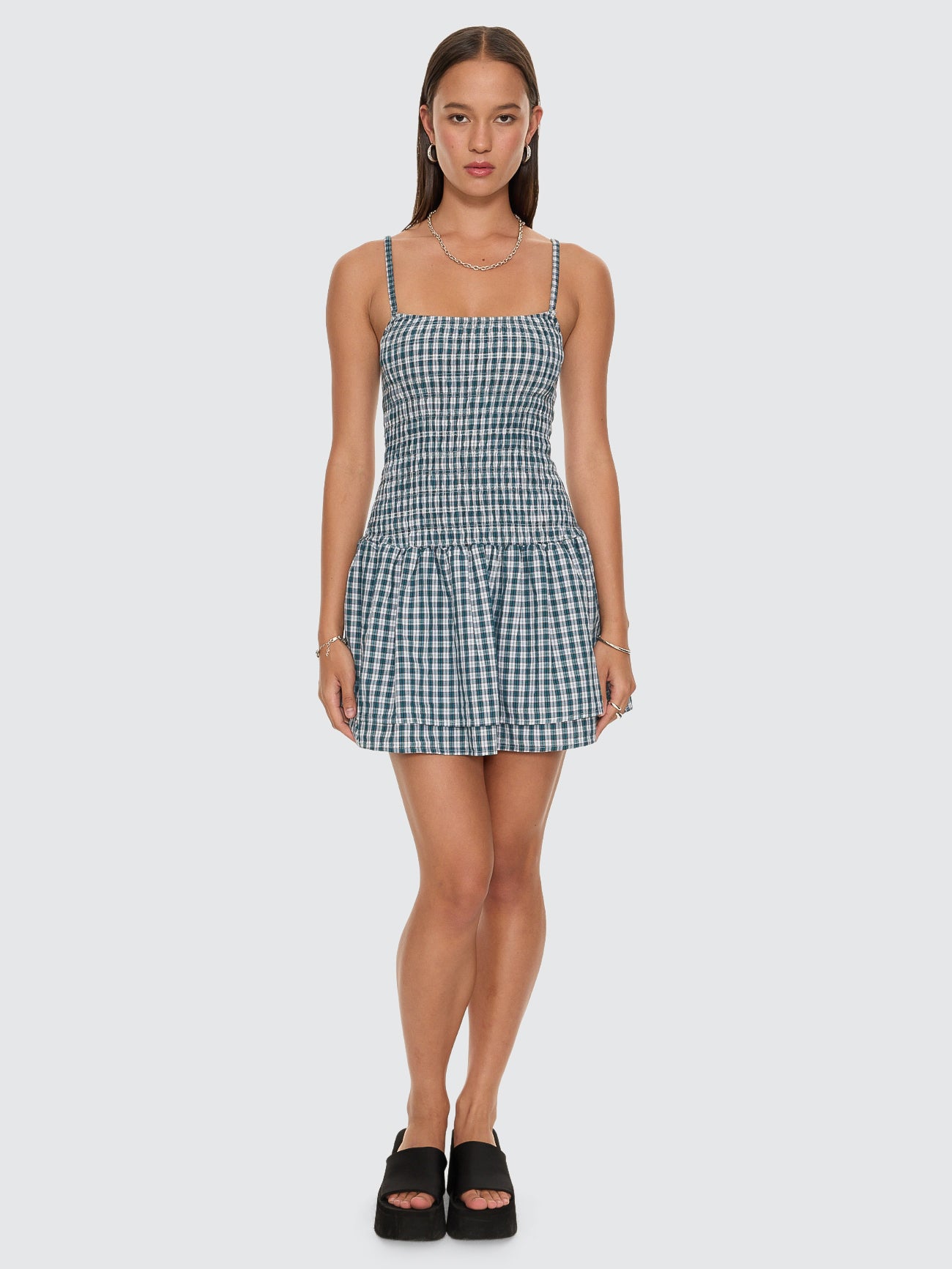 Checkmate Shirred Mini Dress - Blue