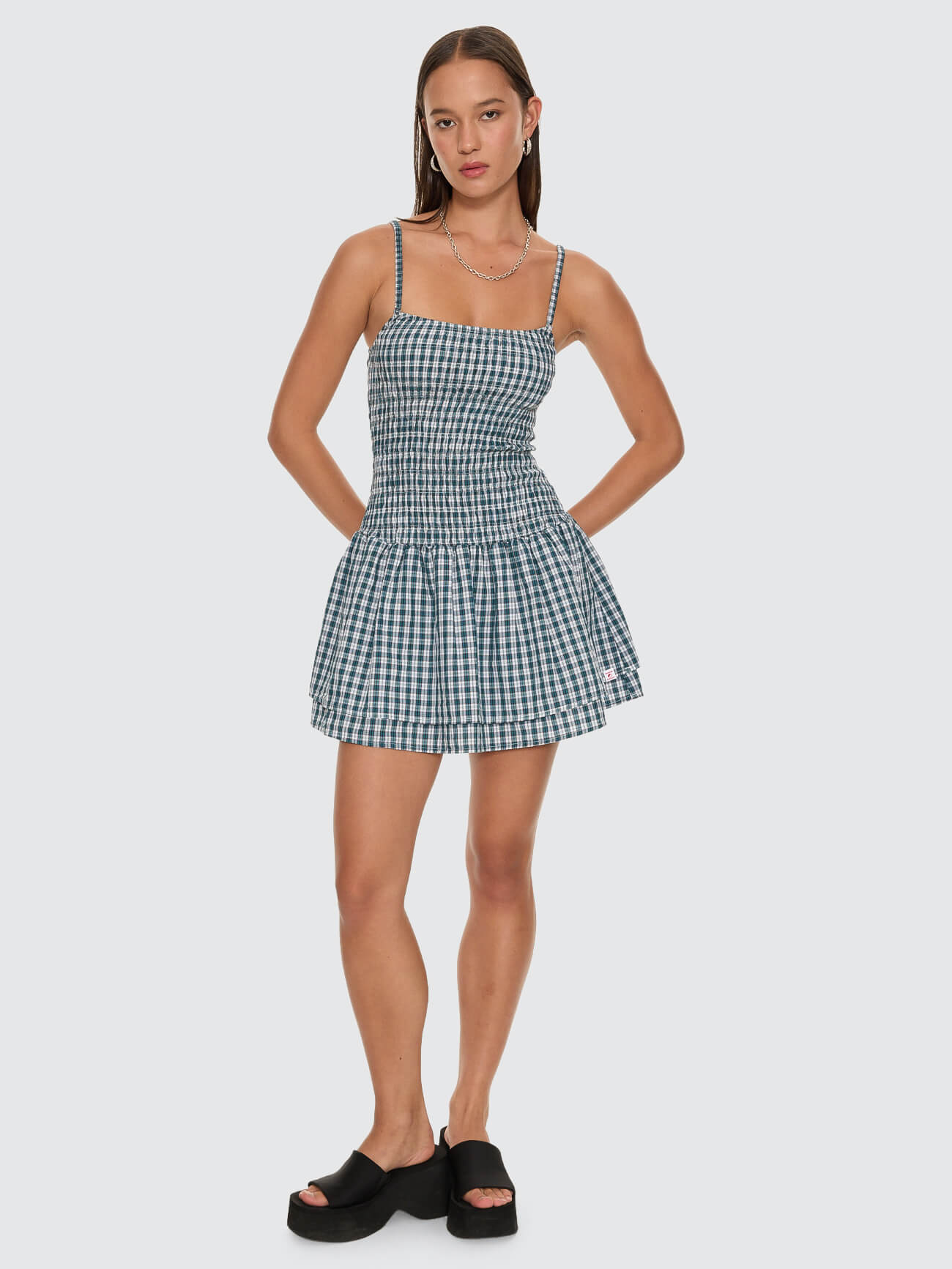 Checkmate Shirred Mini Dress - Blue 4