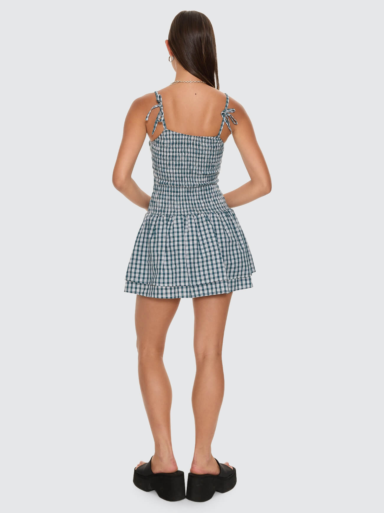 Checkmate Shirred Mini Dress - Blue 4