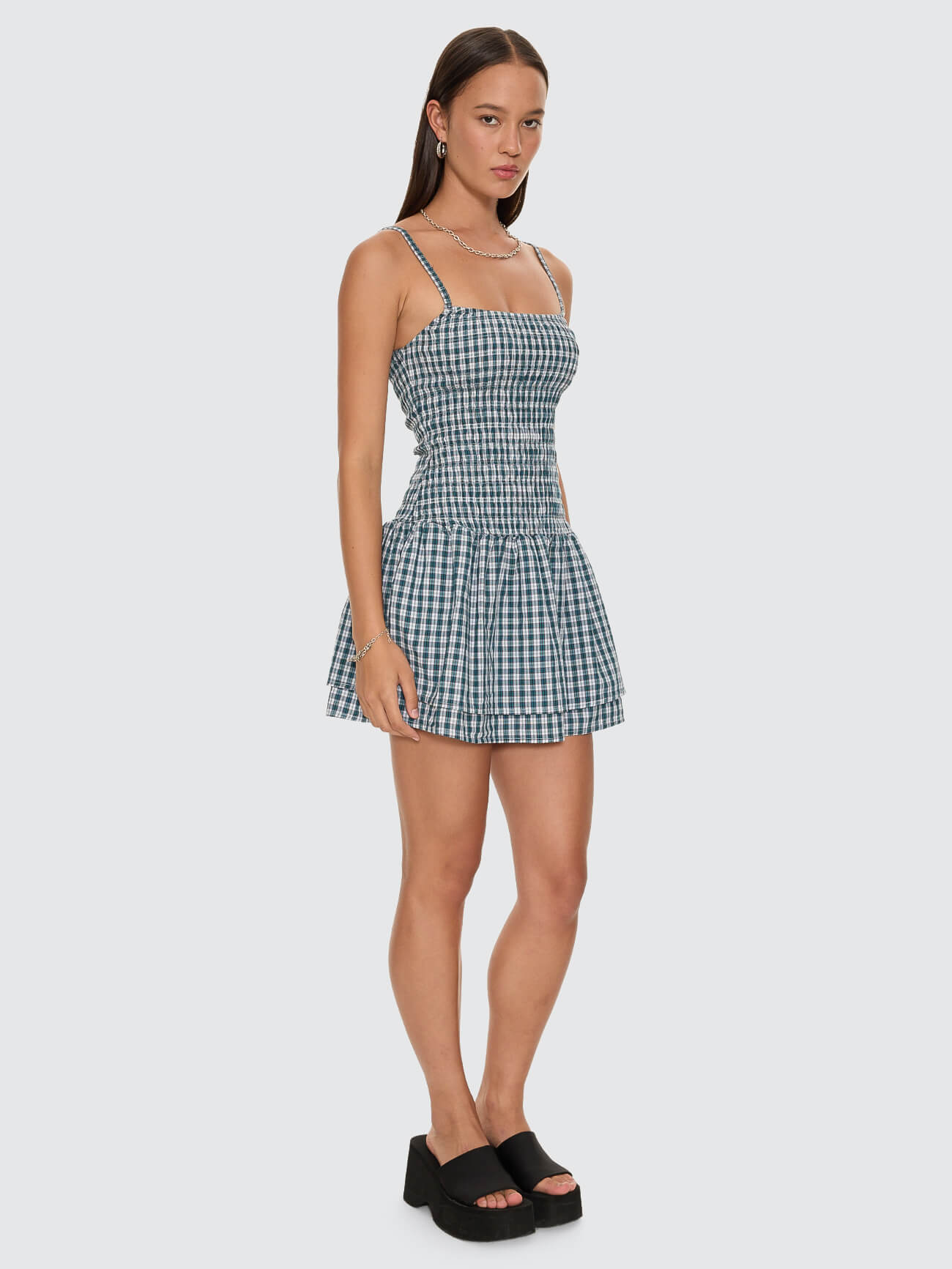 Checkmate Shirred Mini Dress - Blue 4