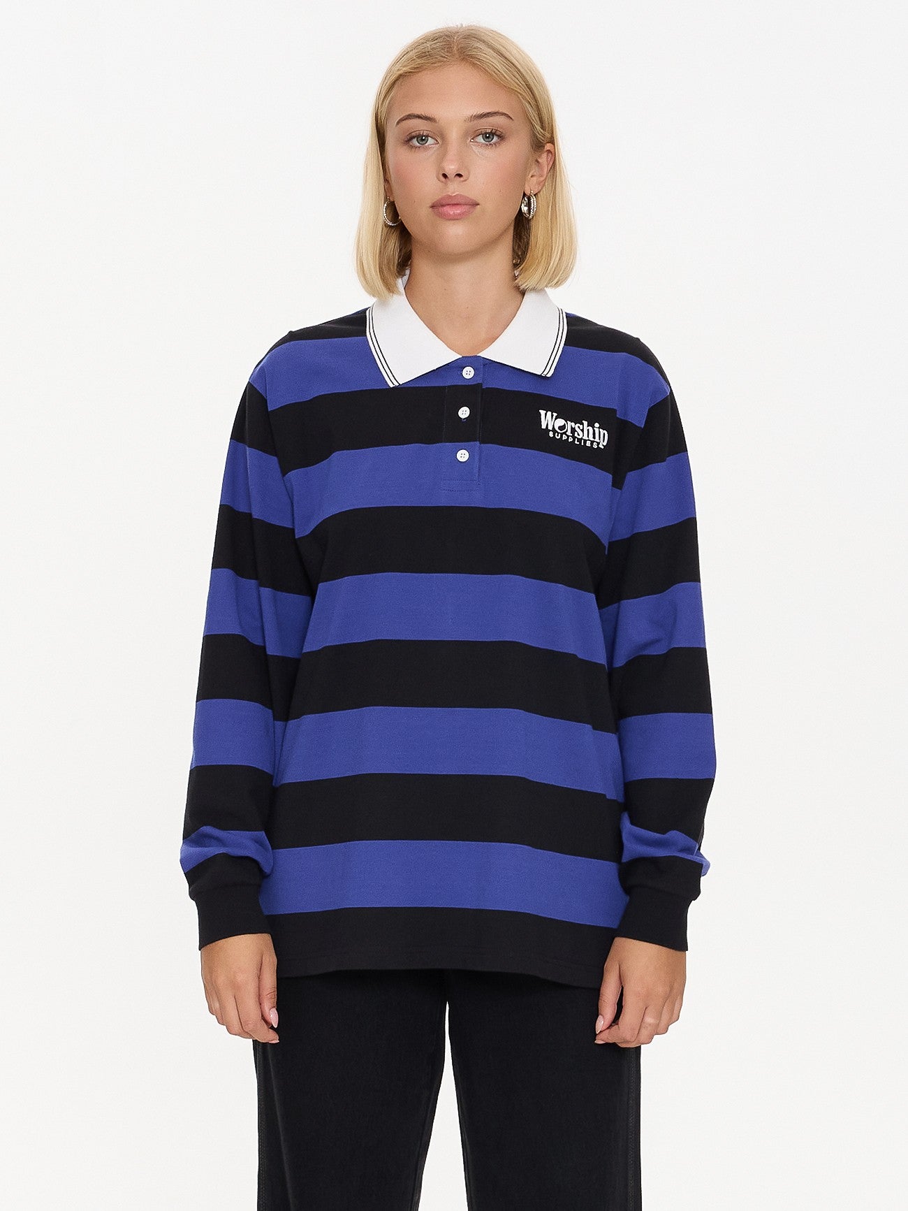 Smoko Stripe Long Sleeve Polo - Black - Cobalt
