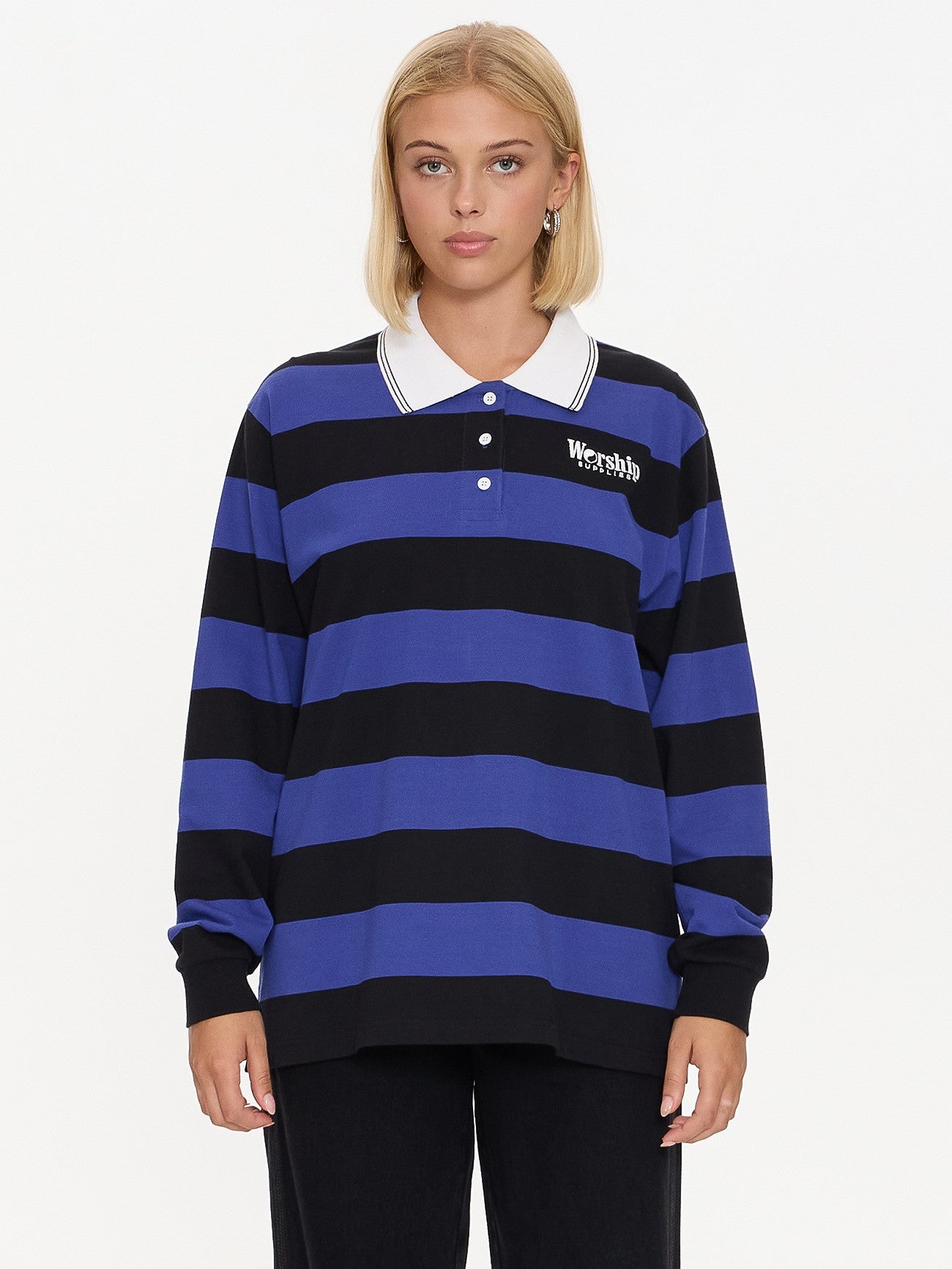 Smoko Stripe Long Sleeve Polo - Black - Cobalt