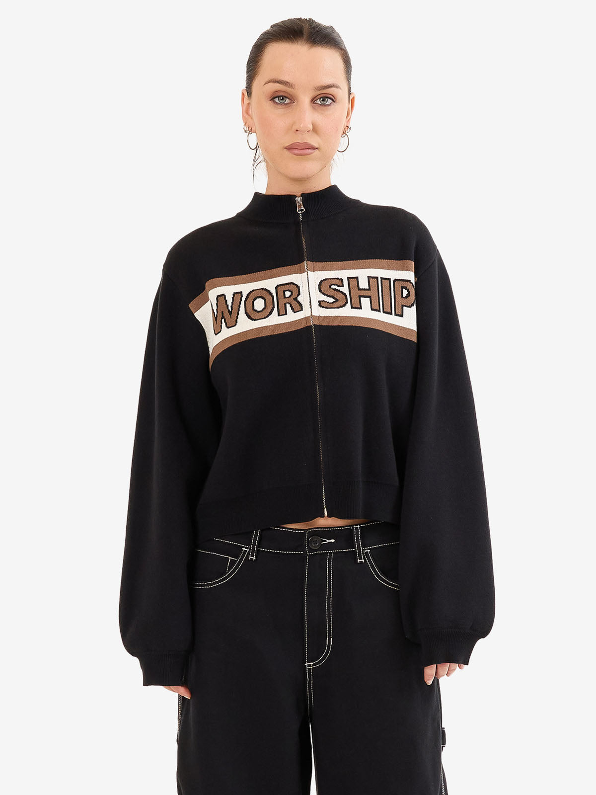 Brassy Zip Front Knit Jacket - Black