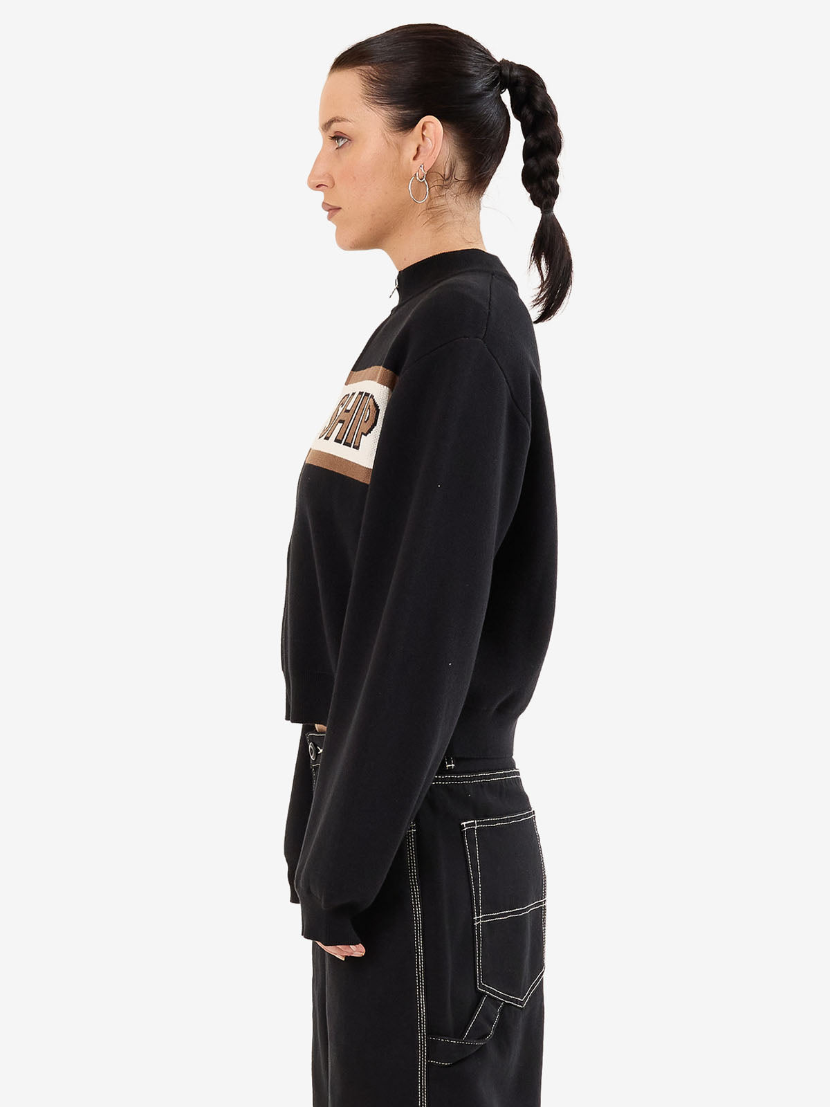 Brassy Zip Front Knit Jacket - Black