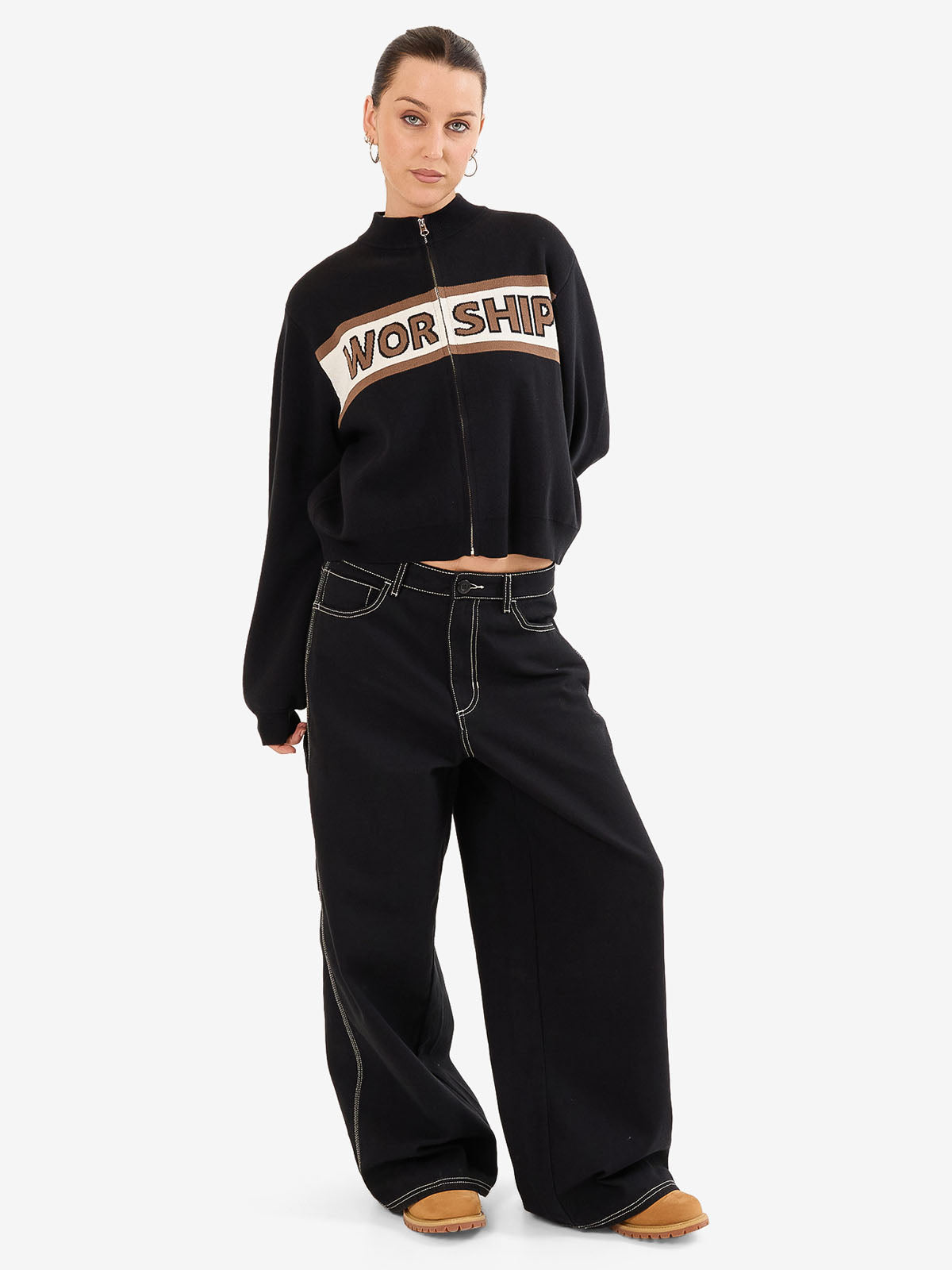Brassy Zip Front Knit Jacket - Black