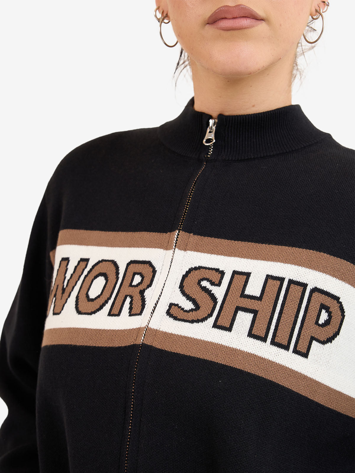 Brassy Zip Front Knit Jacket - Black