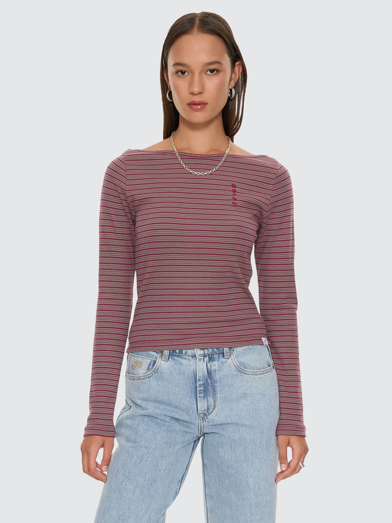 Crushed Stripe Boat Neck Long Sleeve Top - Potion 4