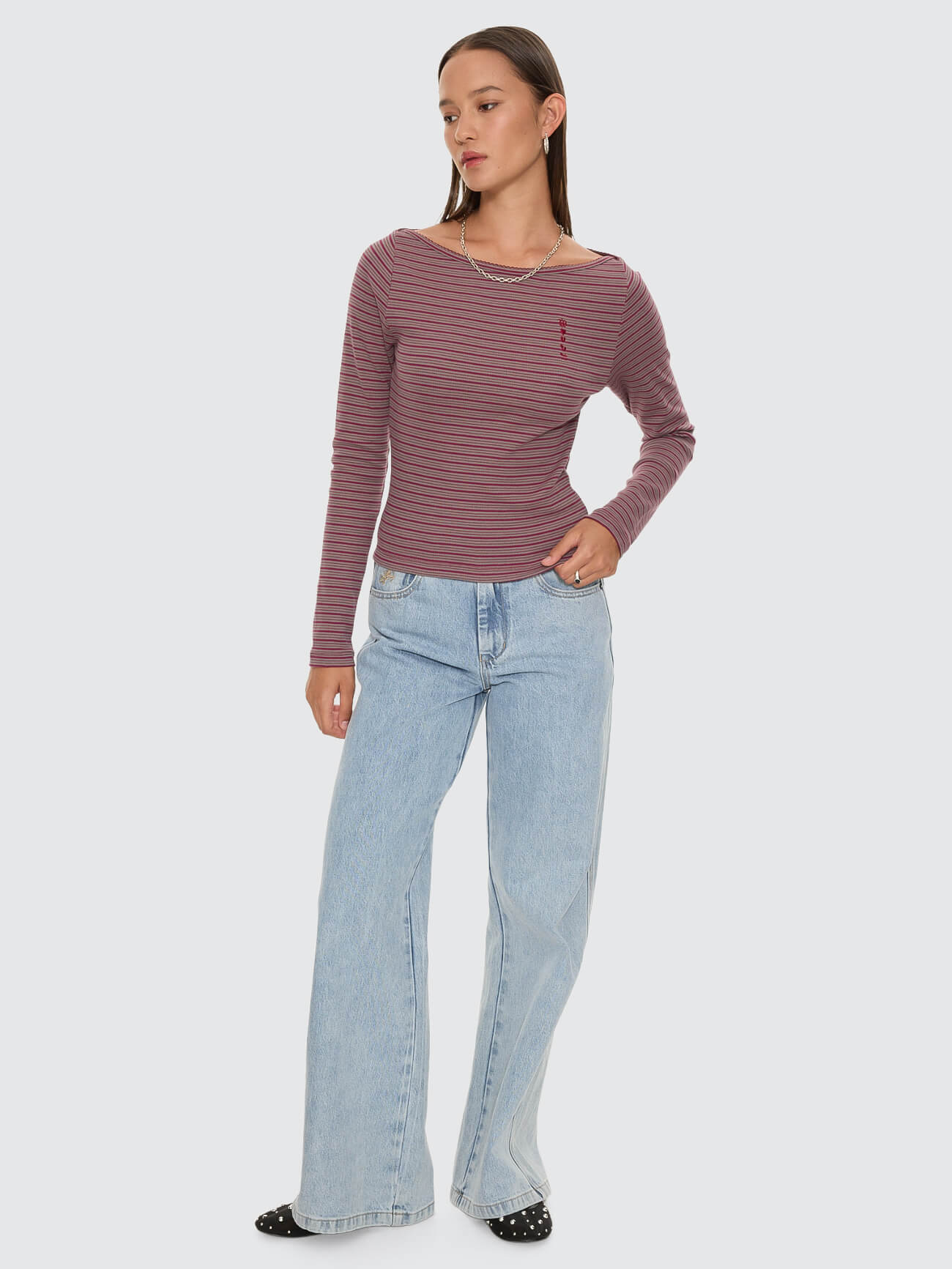 Crushed Stripe Boat Neck Long Sleeve Top - Potion 4