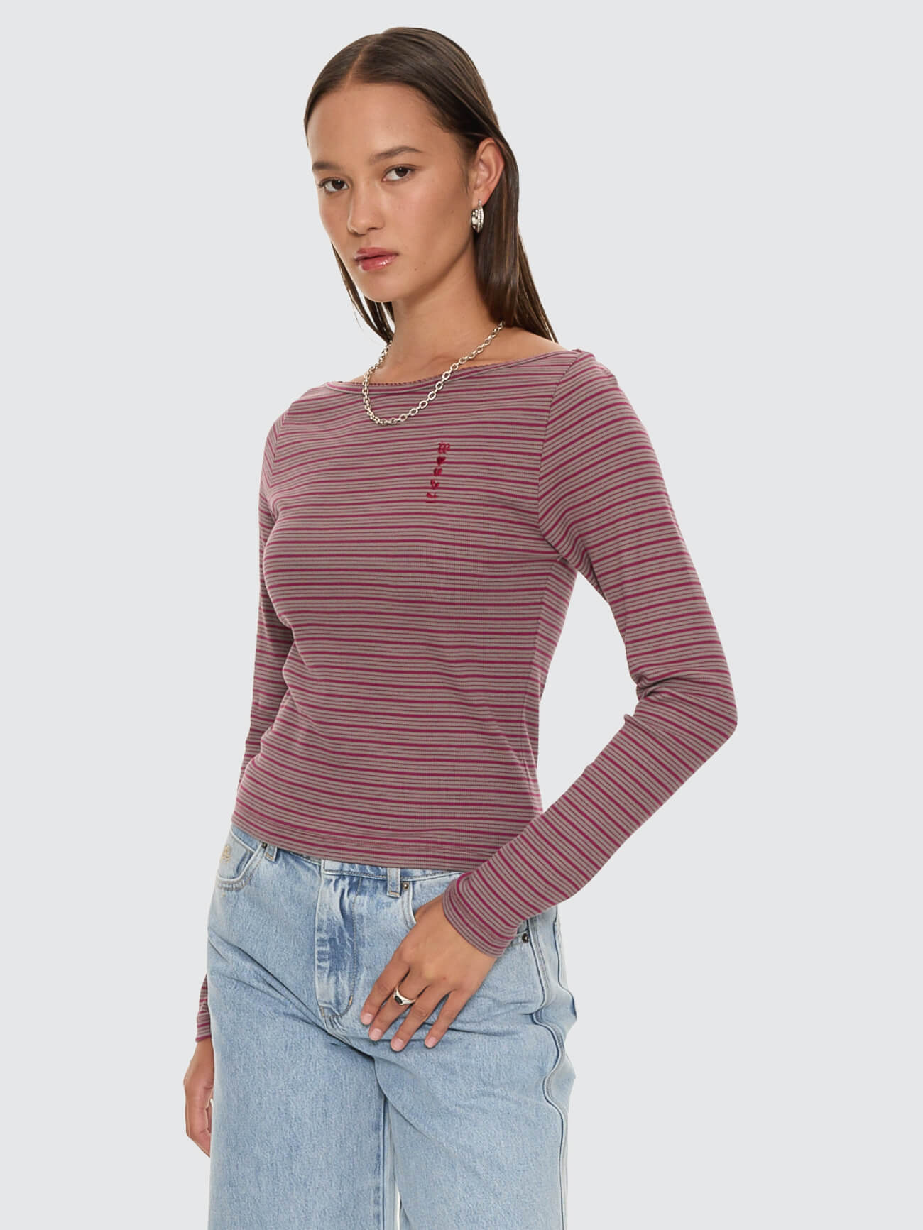 Crushed Stripe Boat Neck Long Sleeve Top - Potion 4