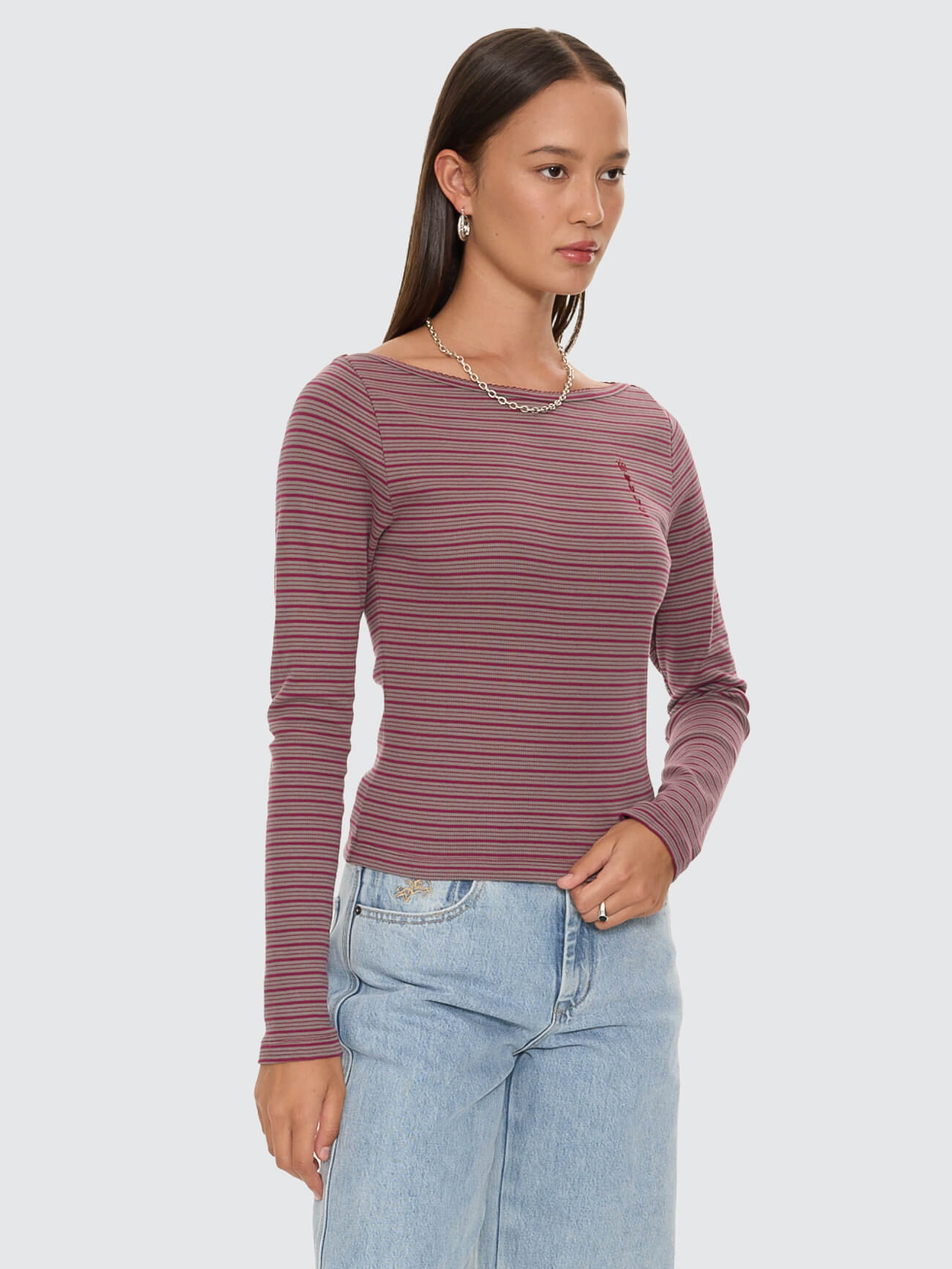 Crushed Stripe Boat Neck Long Sleeve Top - Potion 4