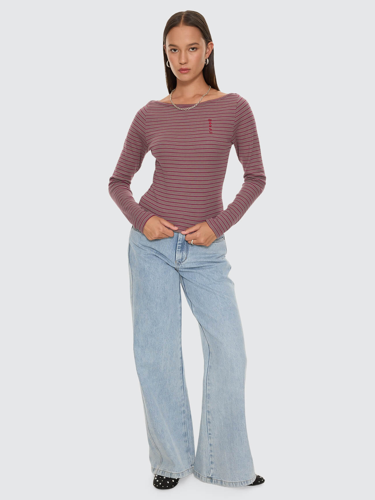 Crushed Stripe Boat Neck Long Sleeve Top - Potion 4