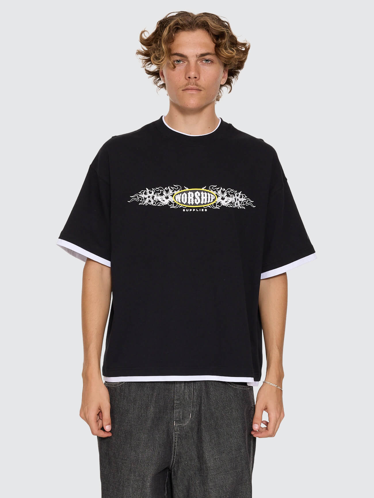 Tropic Reign Box Crop Layer Tee - Black XS