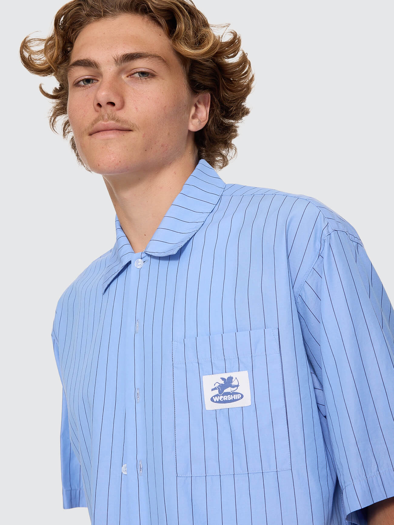 Shadow Cherub Box Crop Short Sleeve Shirt - Dream Blue Stripe XS