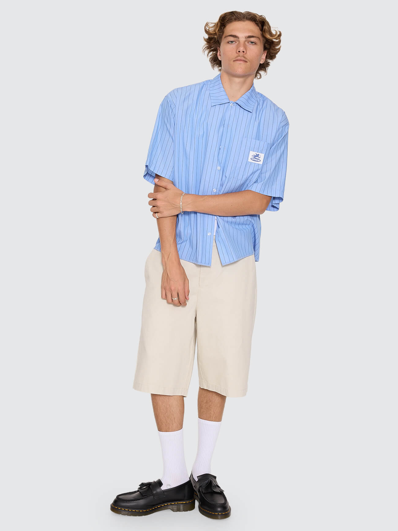Shadow Cherub Box Crop Short Sleeve Shirt - Dream Blue Stripe XS