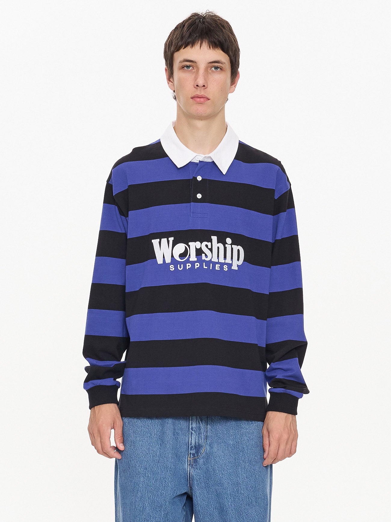 Smoko Long Sleeve Rugby Polo - Black - Cobalt