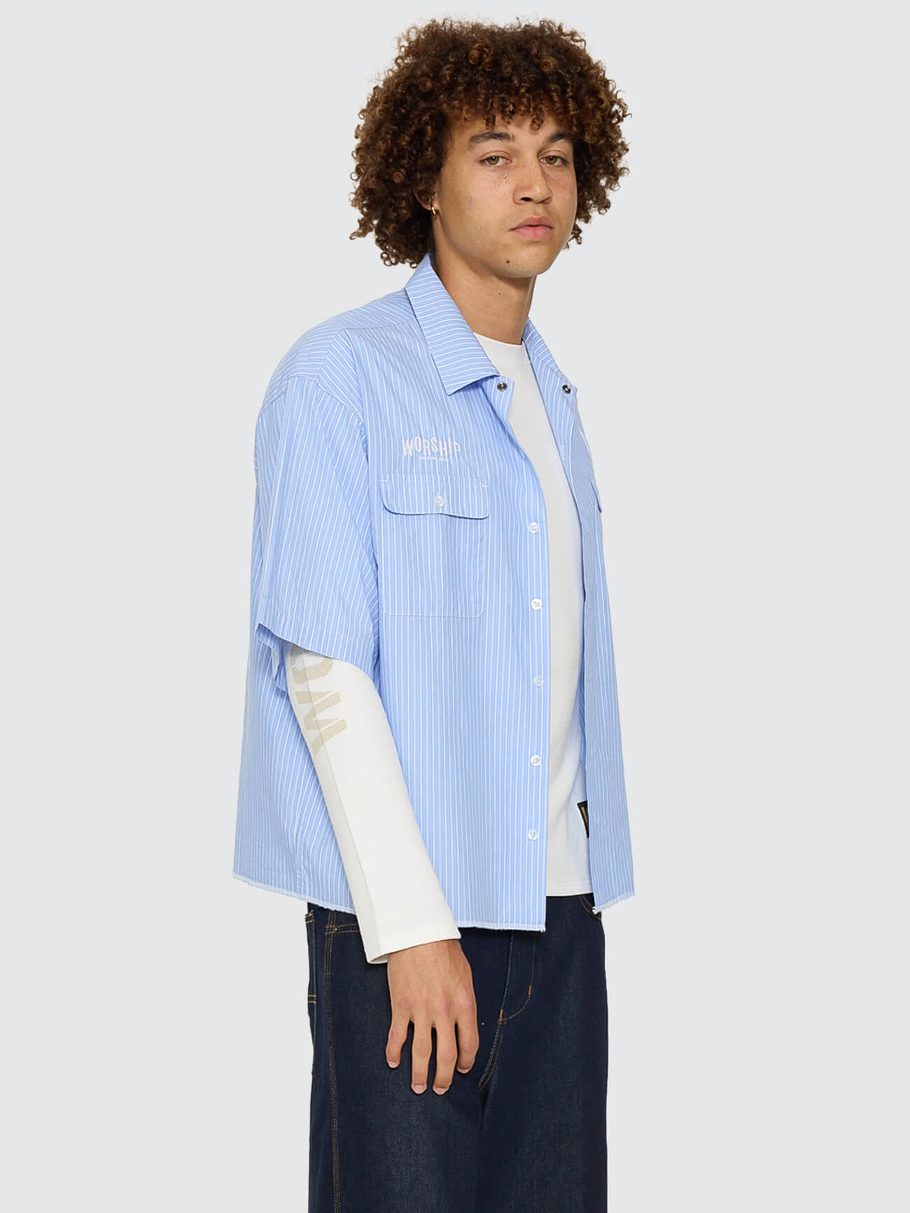 Morality Box Crop Short Sleeve Work Shirt - Light Blue XS