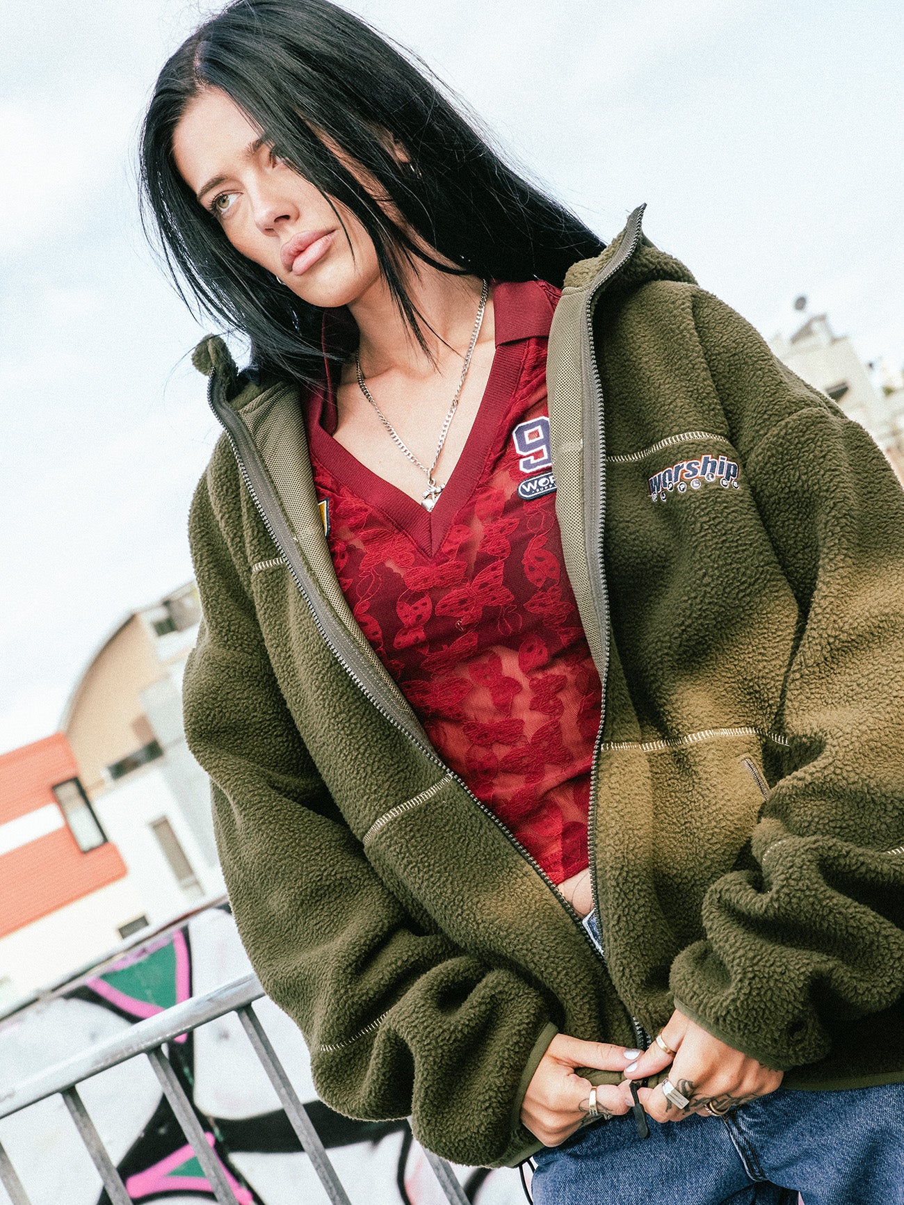 Line Stepper Hooded Sherpa Jacket - Grape Leaf