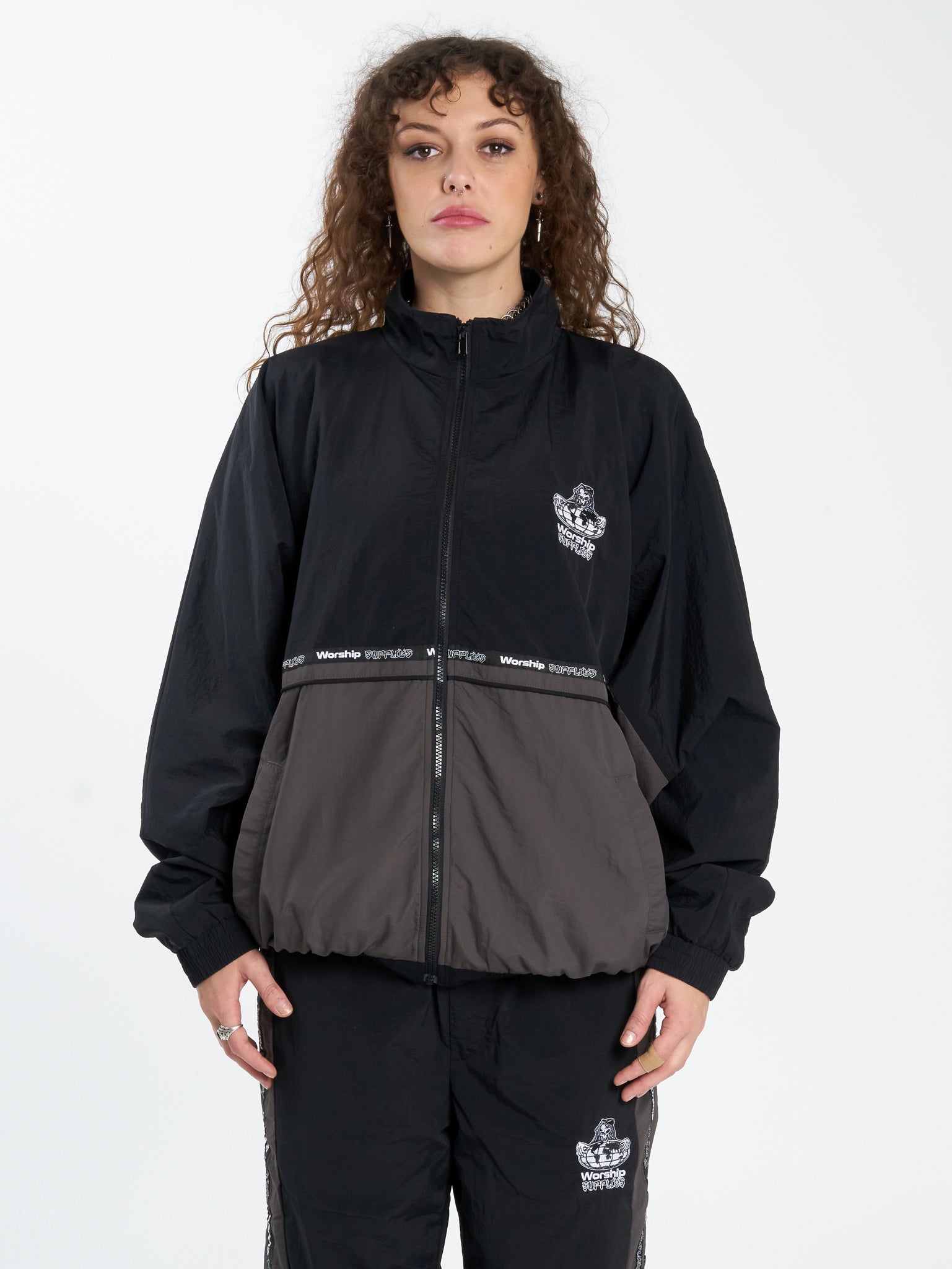 Win Win Crushed Nylon Track Jacket - Black