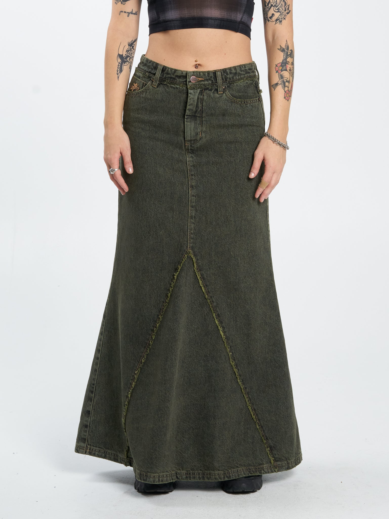 Pond Scum Denim Maxi Skirt - Pond Green Overdye