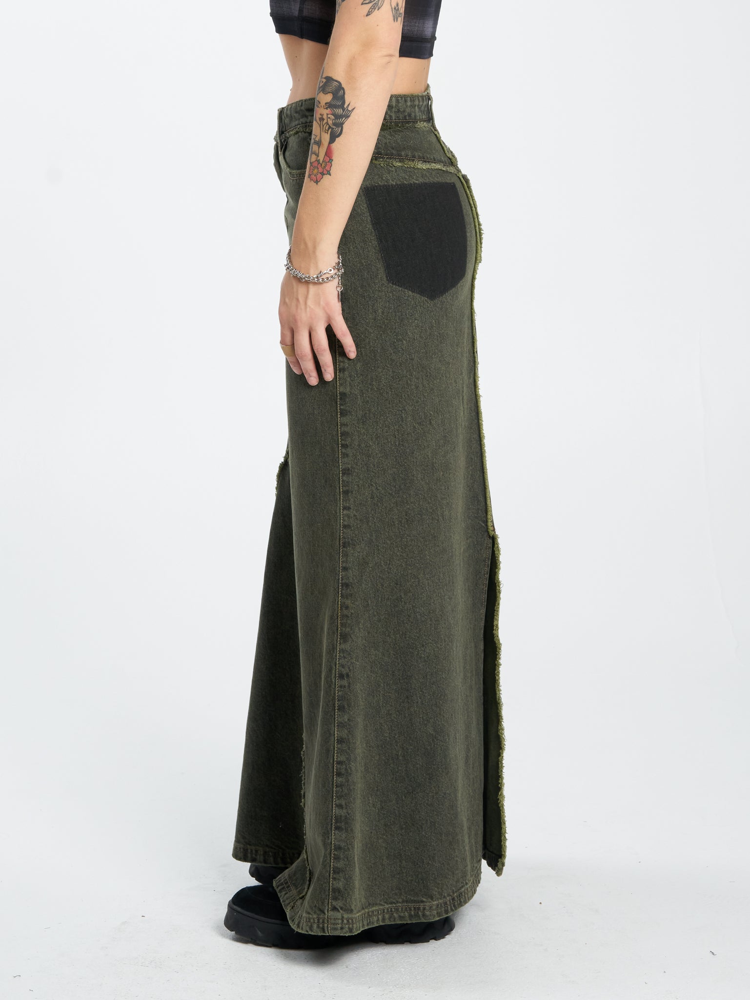 Pond Scum Denim Maxi Skirt - Pond Green Overdye