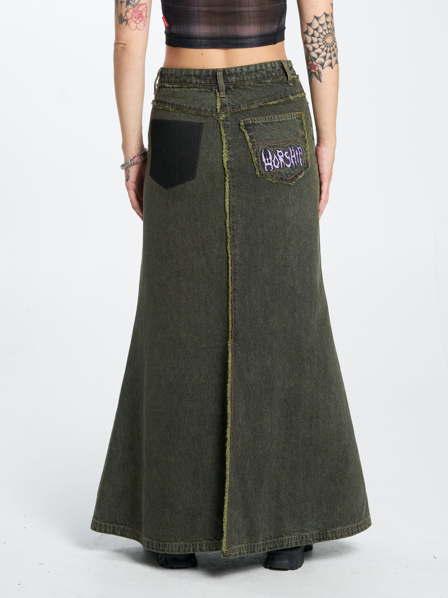 Pond Scum Denim Maxi Skirt - Pond Green Overdye