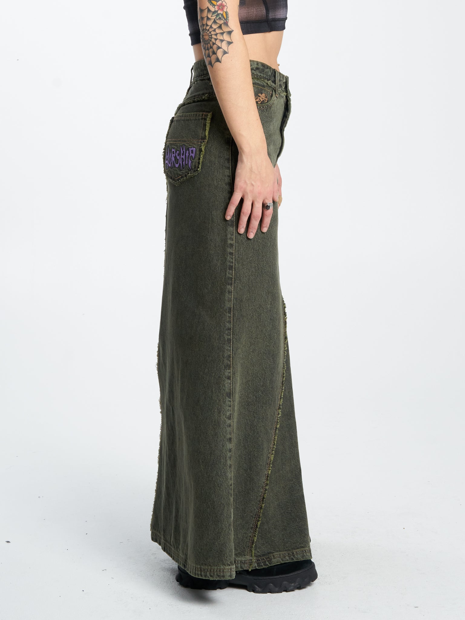 Pond Scum Denim Maxi Skirt - Pond Green Overdye