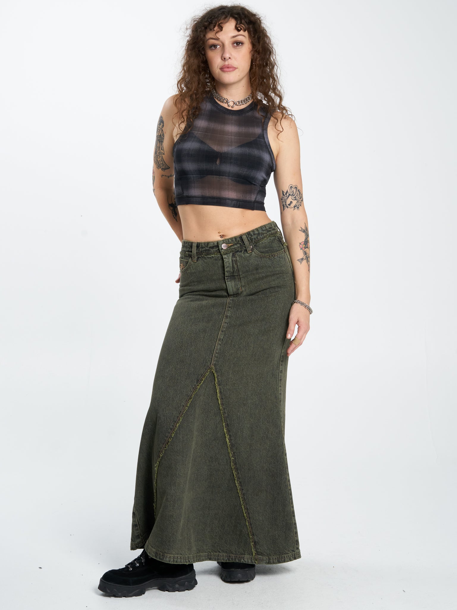 Pond Scum Denim Maxi Skirt - Pond Green Overdye